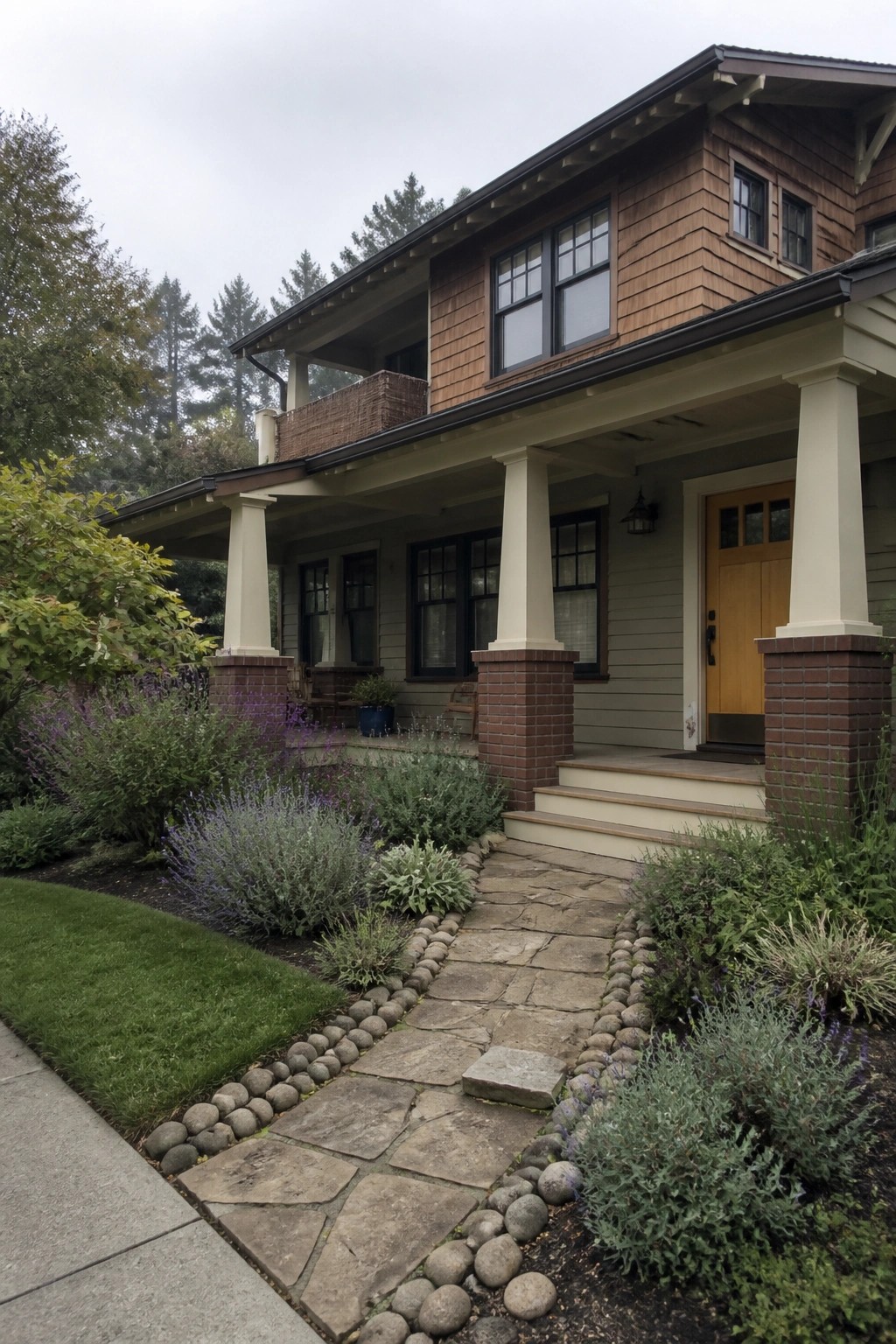 Stone pathway through garden leads to columned porch of wooden Craftsman house.