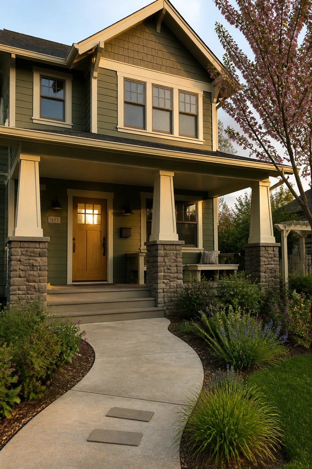 Green two-story house with porch, lit wooden door, curved walkway, and blooming tree