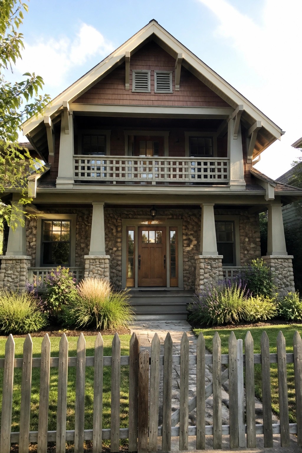 Two-story brown house with stone porch, balcony, and wooden picket fence.