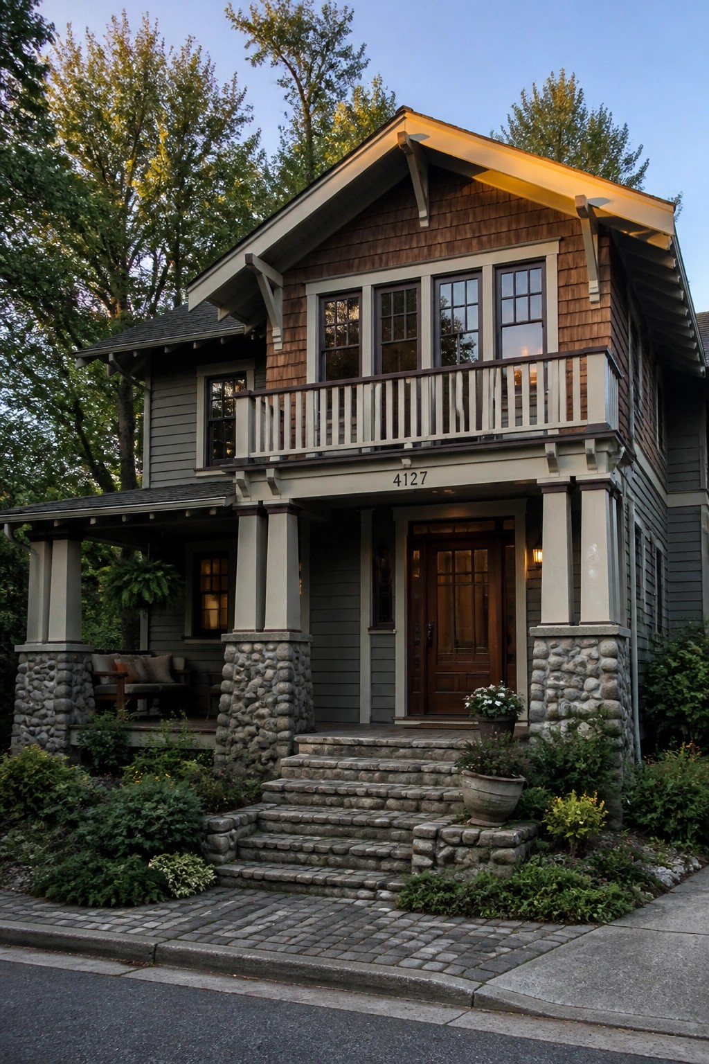Two-story Craftsman house with wooden shingles, stone pillars, balcony, and front steps.