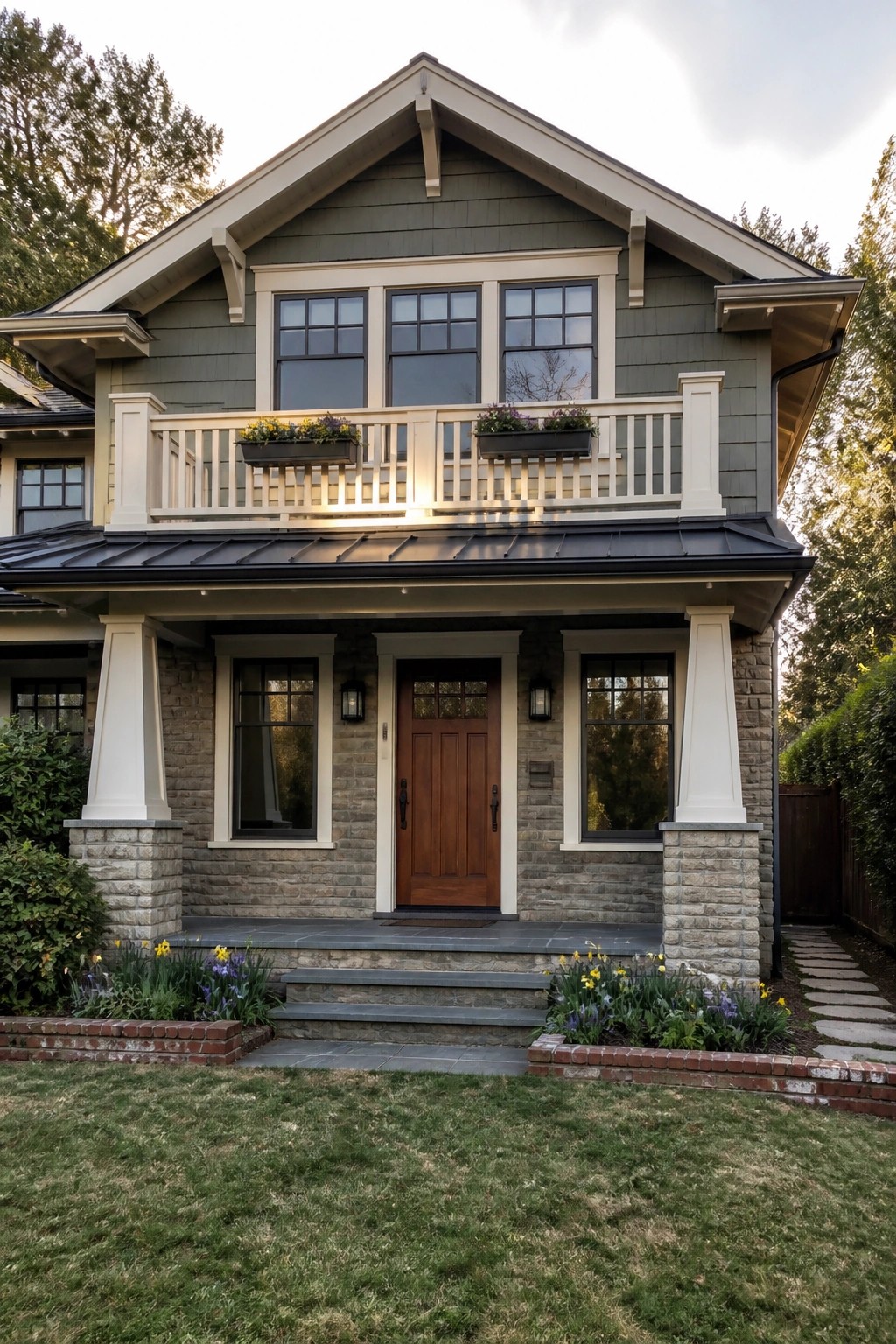 Two-story green house with stone porch, wooden door, balcony, and blooming flower beds.
