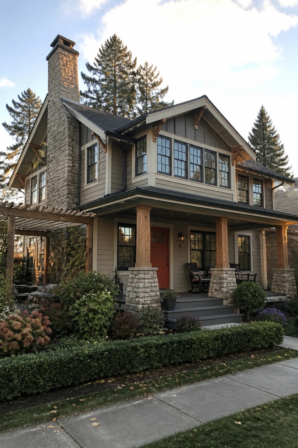 A two-story Craftsman house with gray siding, a red door, and a covered porch supported by wooden columns resting on stone piers, with landscaping in the foreground.