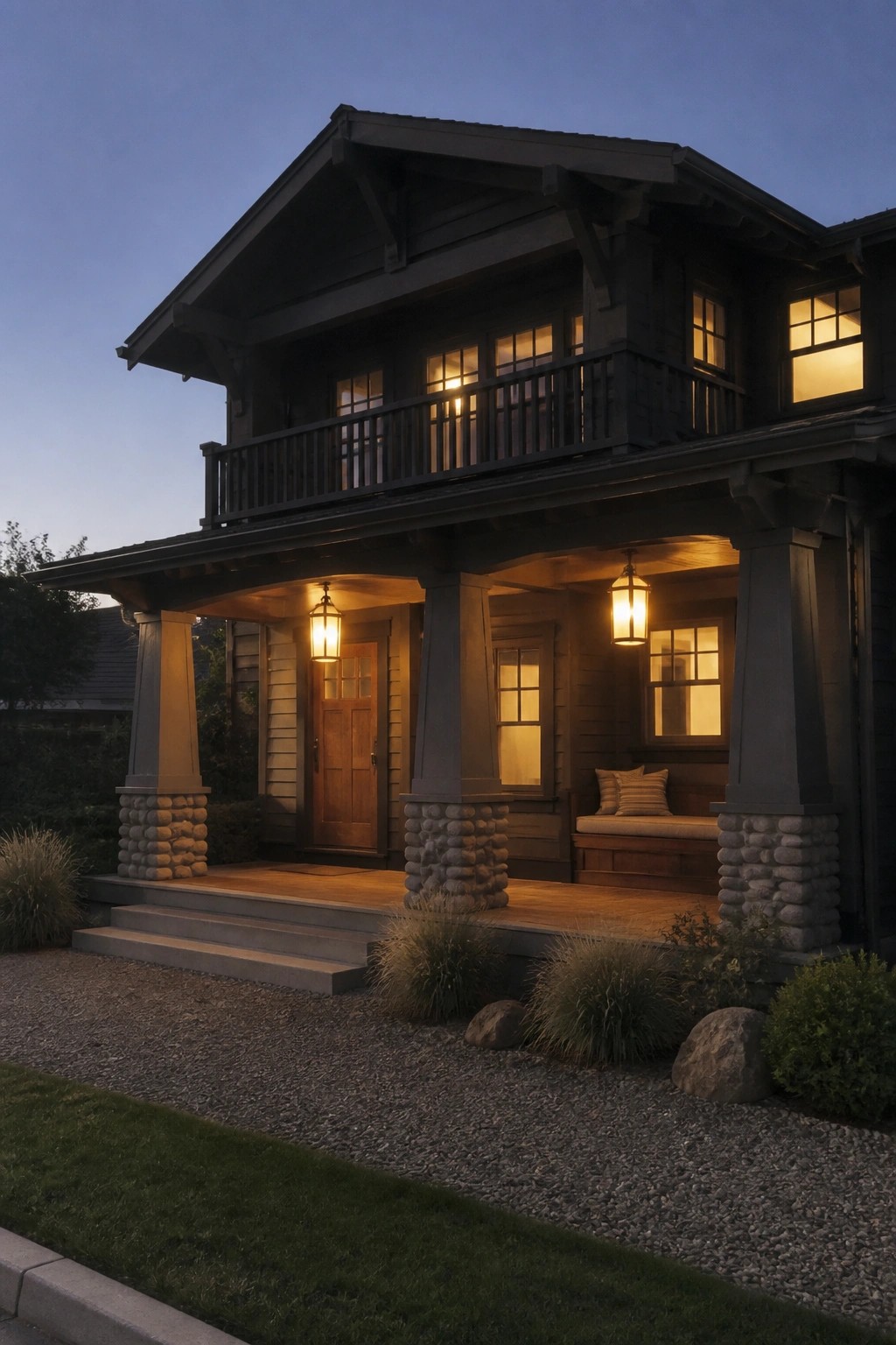 Two-story dark wooden house with lit porch lanterns, stone pillars, and glowing windows at dusk