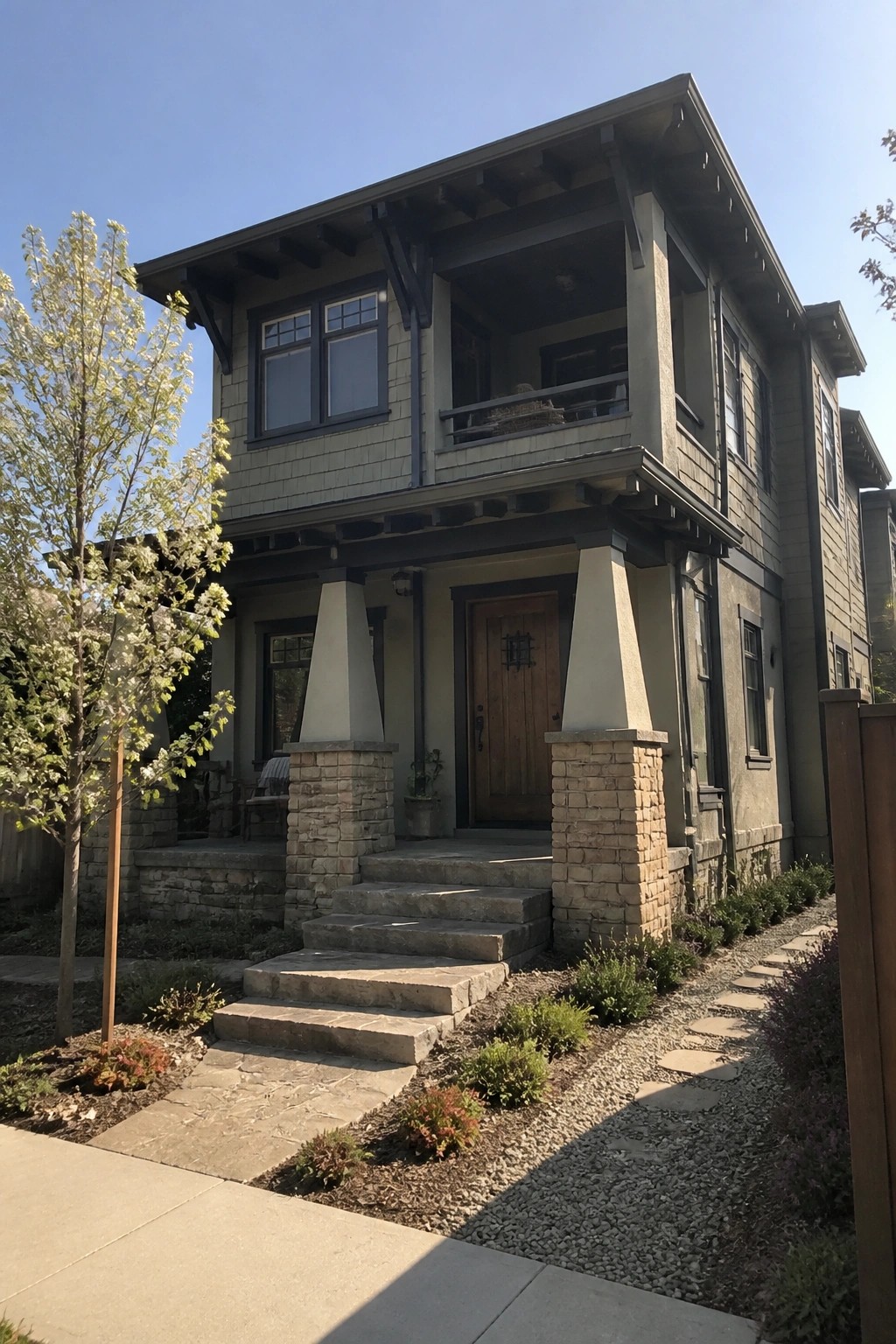 A two-story house with gray siding, a wooden front door, and tapered columns resting on stone piers above stone steps.