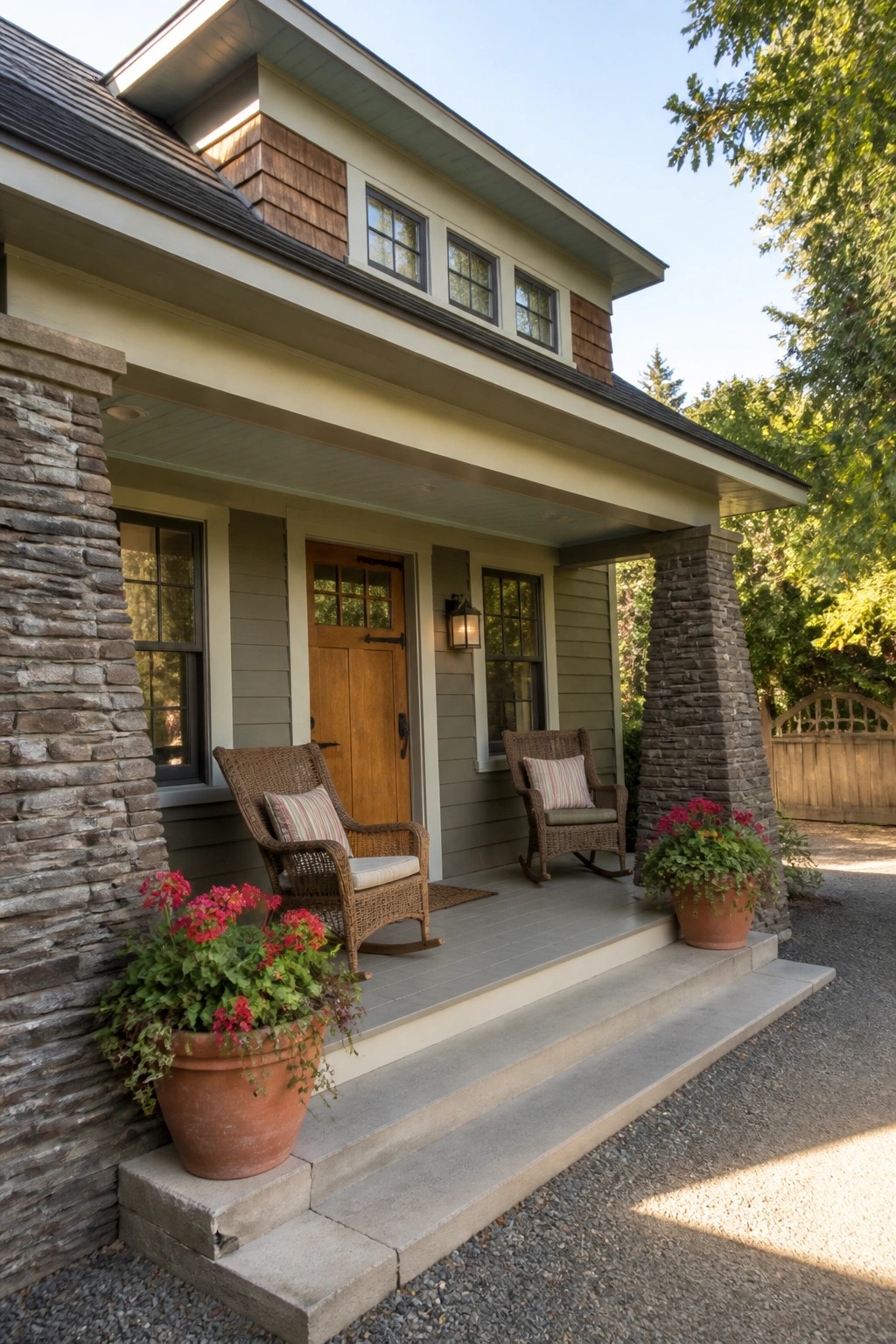 Front porch with wicker rocking chairs, potted red flowers, and stone columns.
