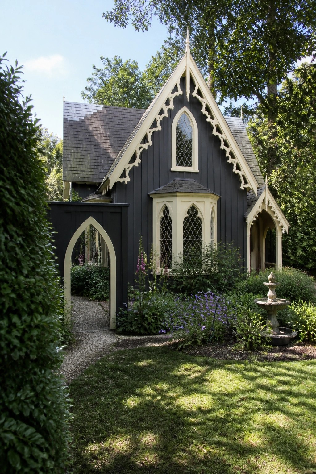 A white Victorian house with a wooden porch sits beside a curving stone pathway that runs past garden beds toward a white outbuilding.