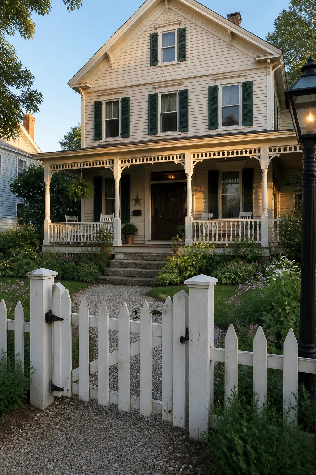 Grand stone mansion with arched porch, balcony, columns, and garden fountain