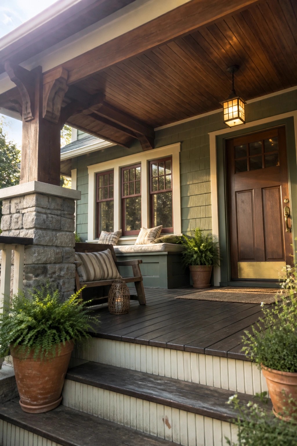 Cozy wooden porch with green siding, stone pillar, bench, ferns, and brown door