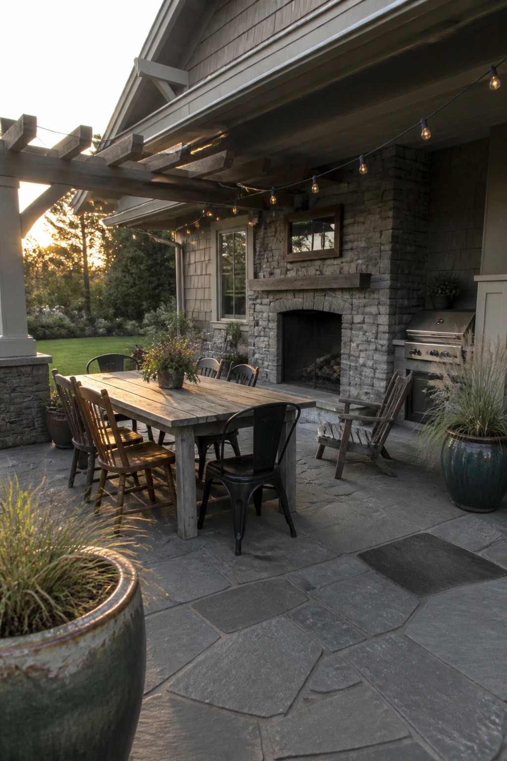 A stone patio with a wooden dining table and chairs, a large stone fireplace, an outdoor grill, and string lights on a pergola attached to a shingled house.