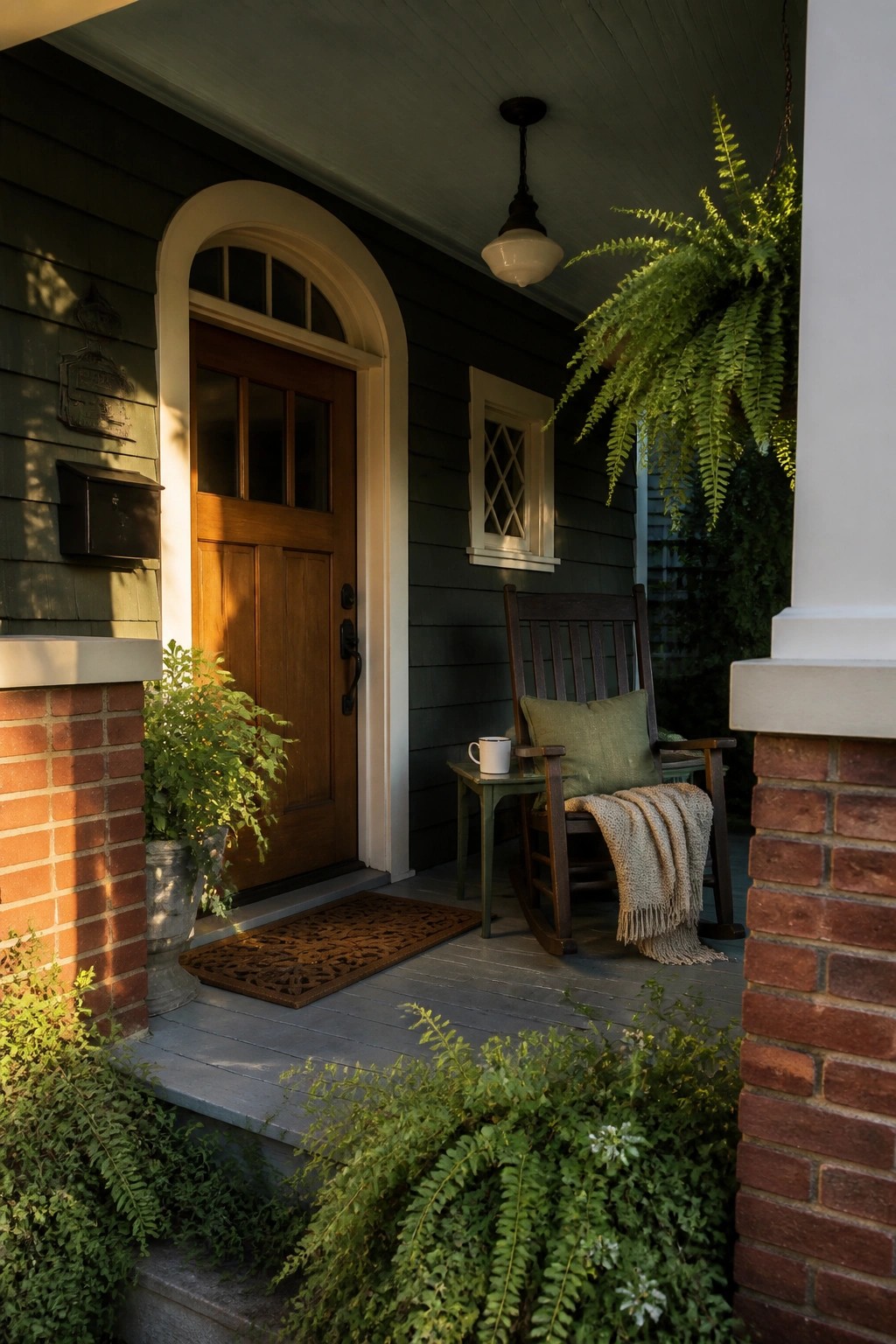 Cozy porch with arched wooden door, rocking chair, hanging fern, and brick pillars