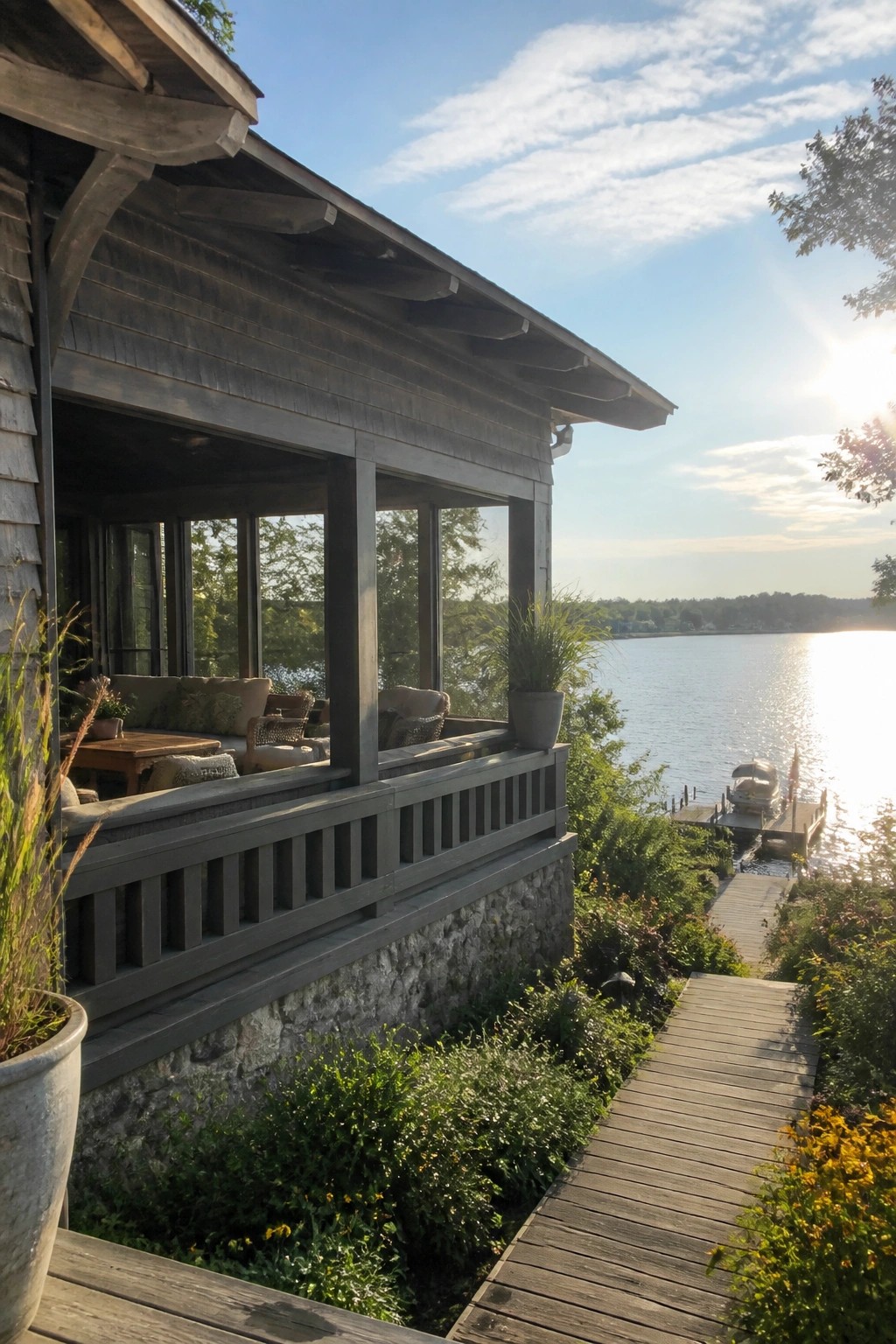 Rustic wooden lakeside porch with stone base, overlooking sunny lake and boat dock