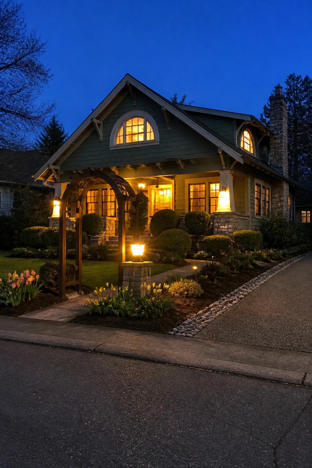 A green Craftsman house at dusk with a wooden arched arbor over the front path, warm lights on the porch and arbor, and a landscaped garden along the driveway.