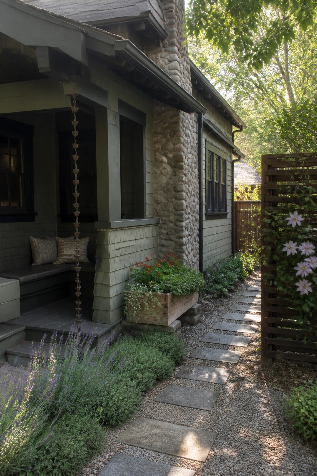 Stepping stone path beside green house with stone chimney and blooming flowers.