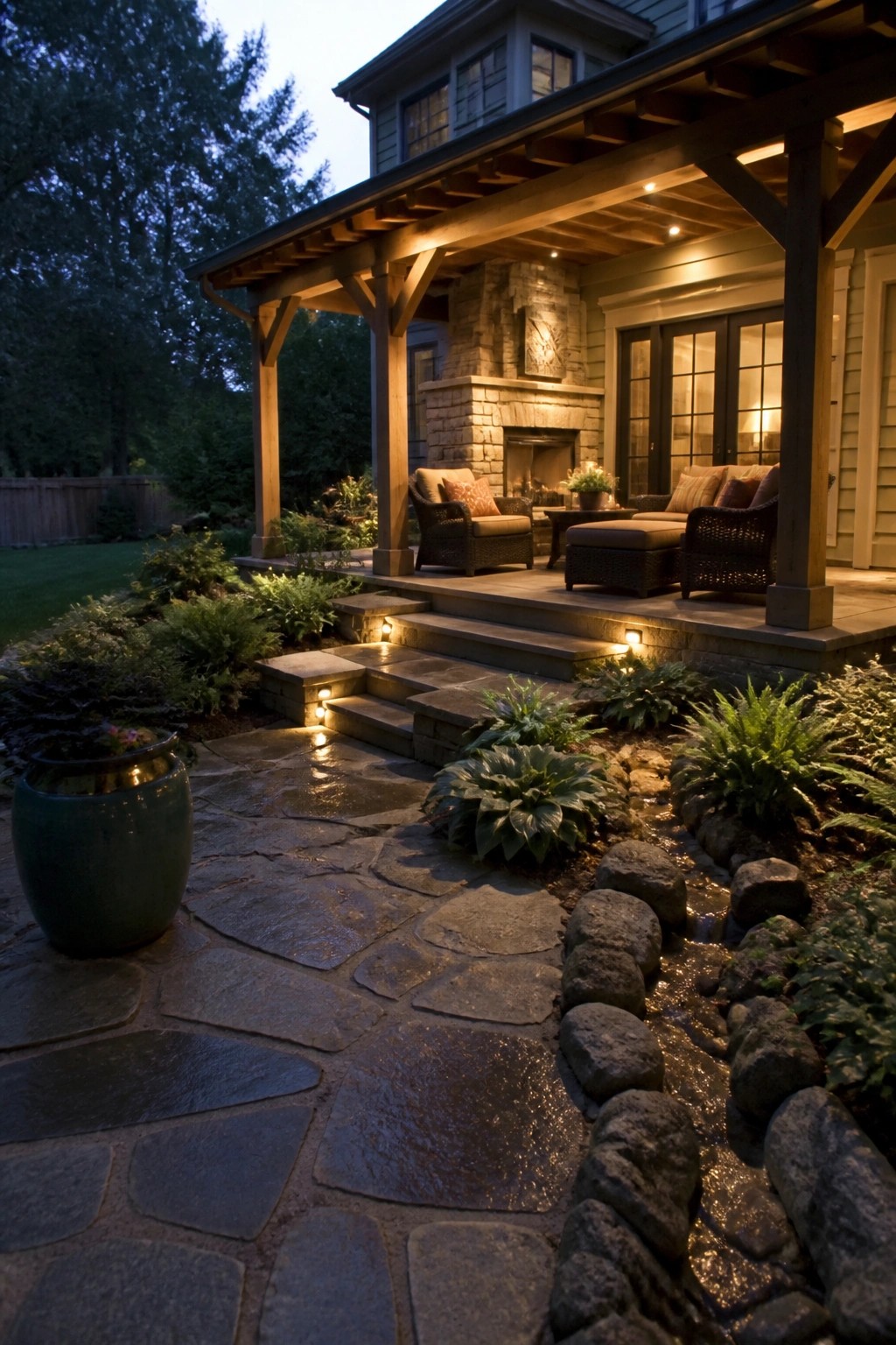 A Craftsman style house at dusk with a wooden porch, stone fireplace, seating area, and a flagstone path lined with rocks, plants, and small lights along the steps.