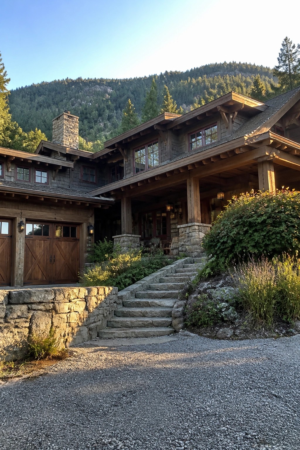 Rustic wooden lodge with stone steps, porch, chimney, and forested mountain backdrop