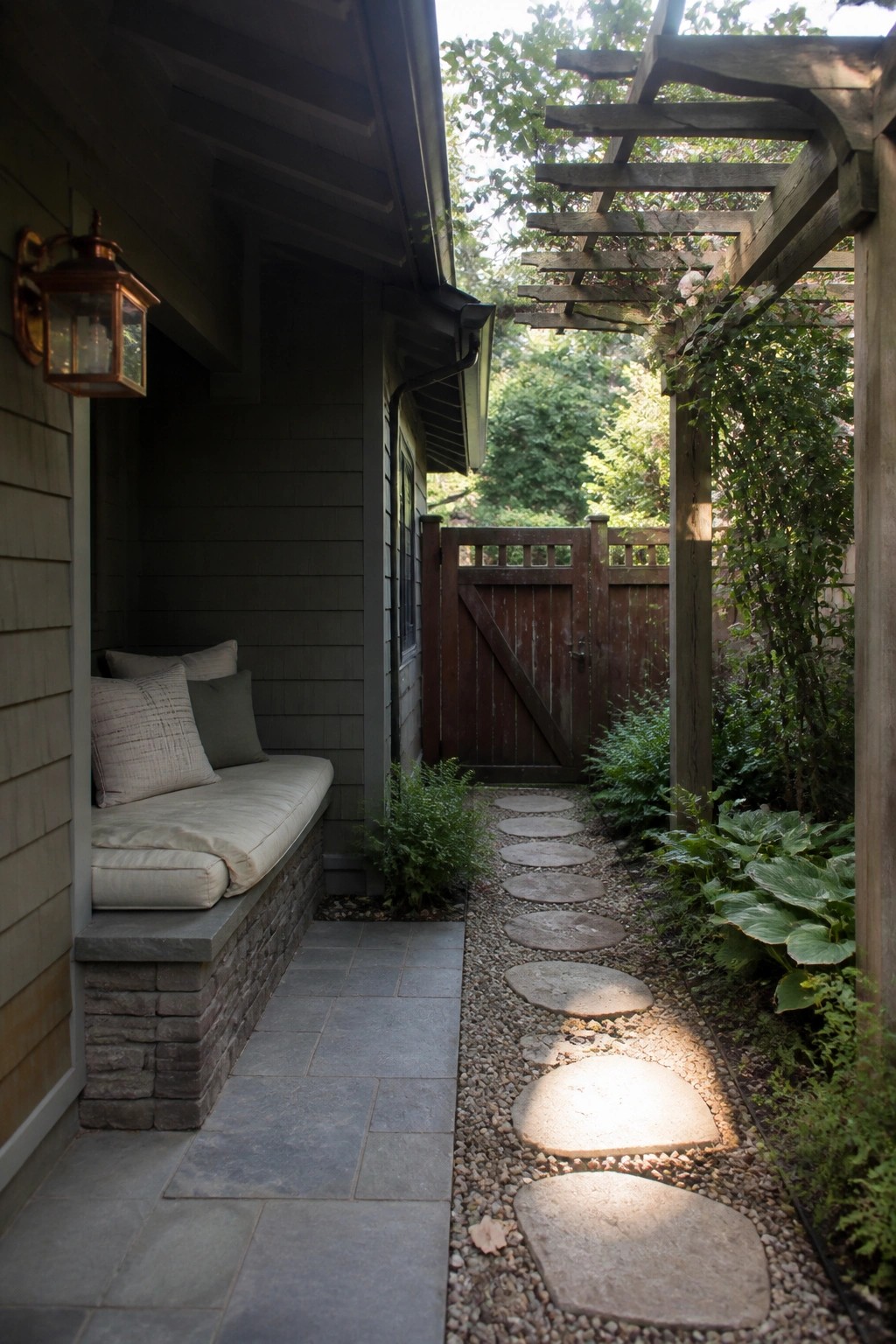 A gravel path lined with large irregular stepping stones runs alongside a house with dark siding, a built-in bench with cushions, and a wooden pergola covered in vines.