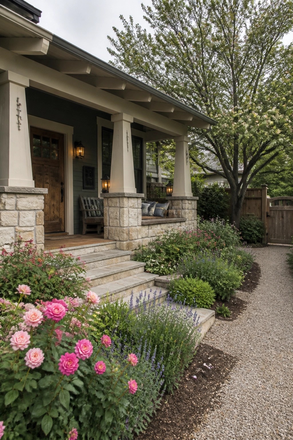 Charming front porch with pink roses, stone steps, and gravel path