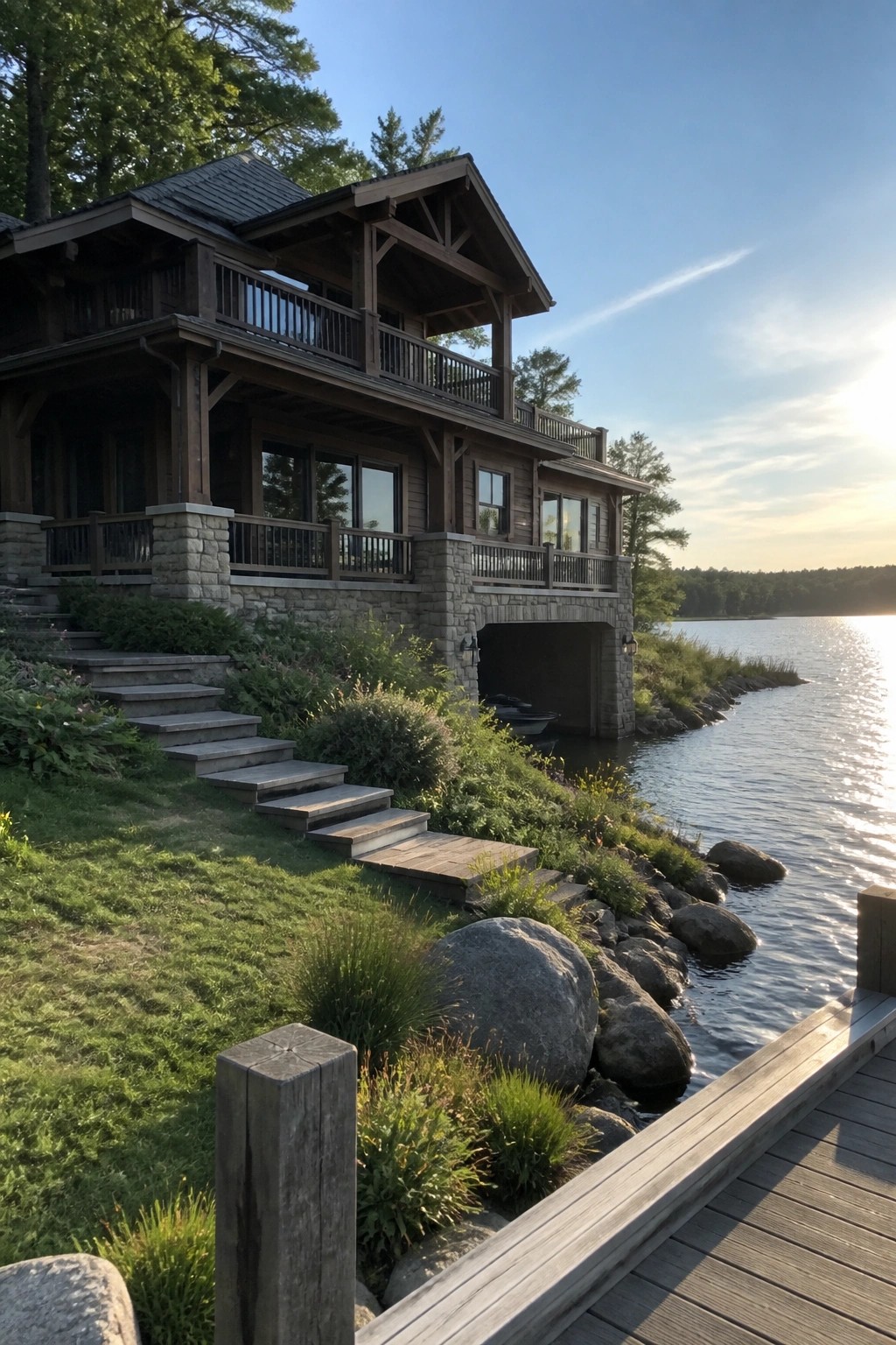 A multi-level wooden Craftsman house with stone foundation and piers sits on a grassy slope beside a lake, with decks, balconies, and stairs leading down to the water.