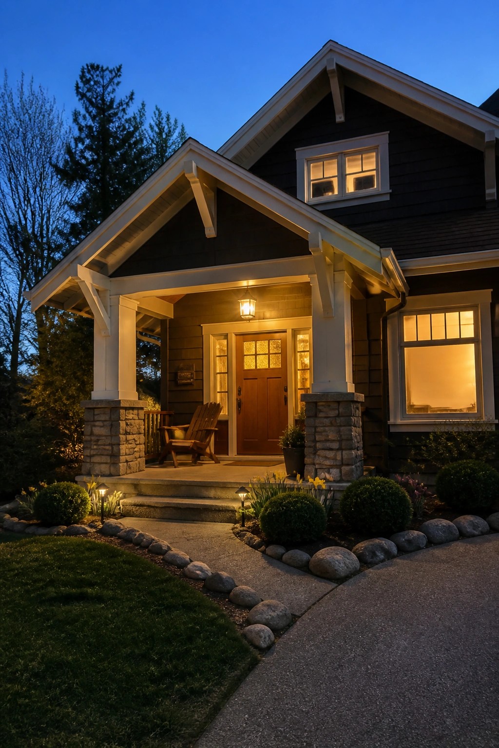 A Craftsman style house at dusk featuring dark siding, white trim, a gabled porch supported by stone piers, a wooden front door, and a landscaped front yard with rocks and shrubs.