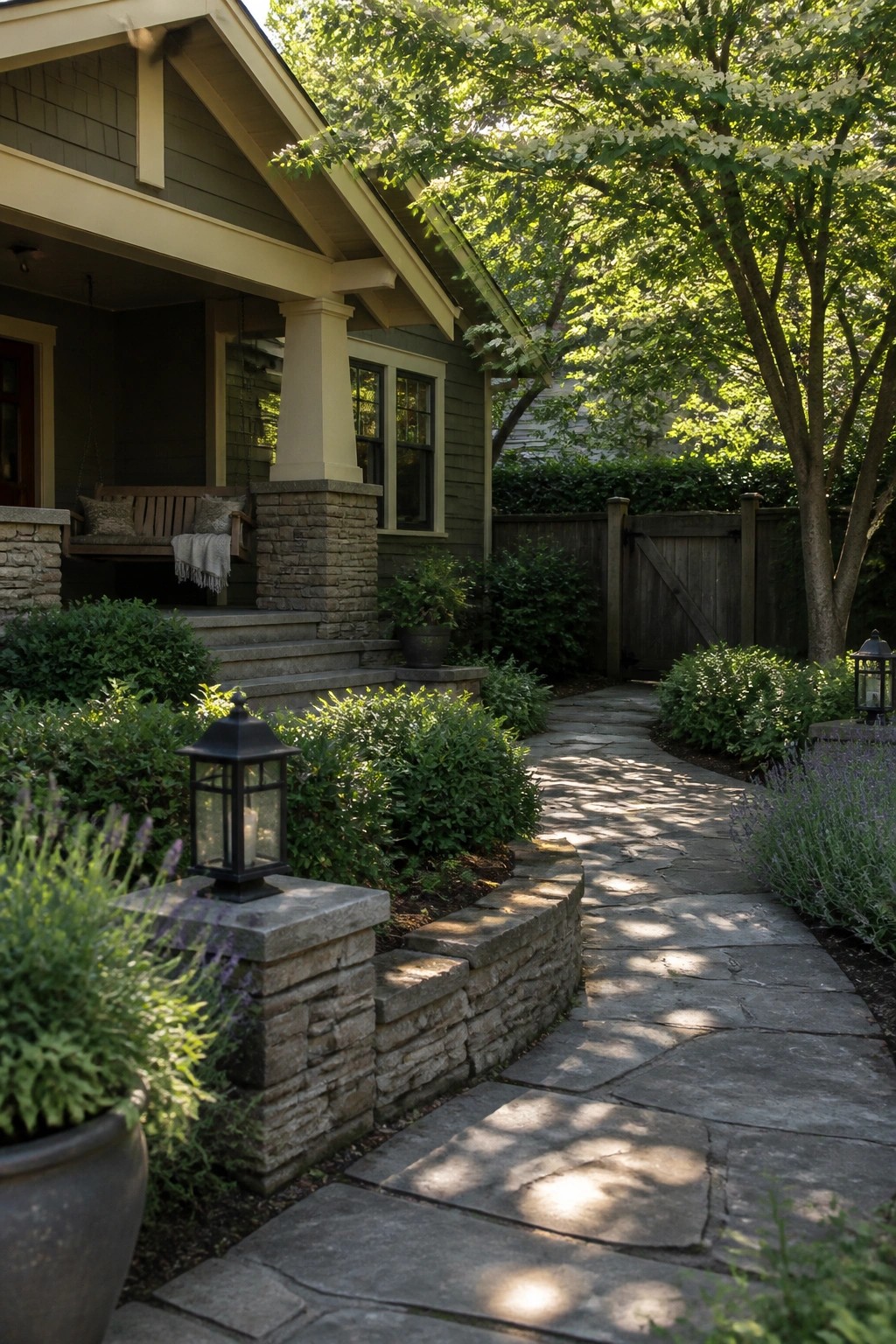 Stone path winds through lush garden with lavender, lanterns, and house porch