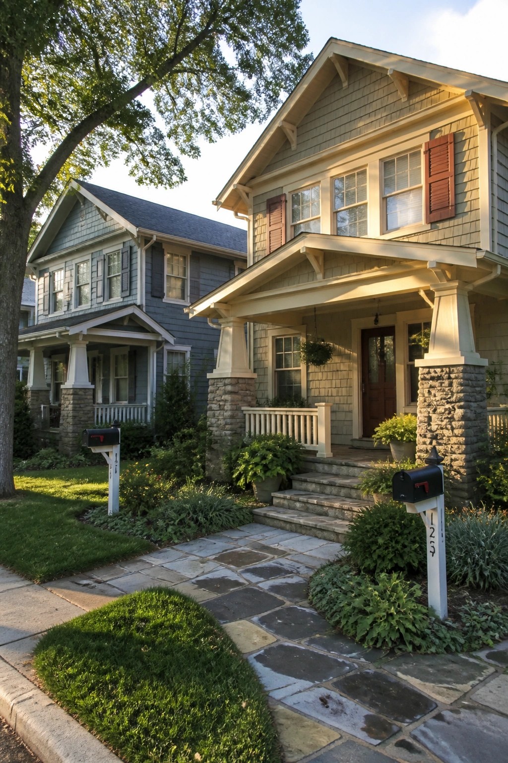 Two Craftsman-style houses side by side, the closer one with a covered porch supported by stone piers and a stone walkway leading to the front steps.