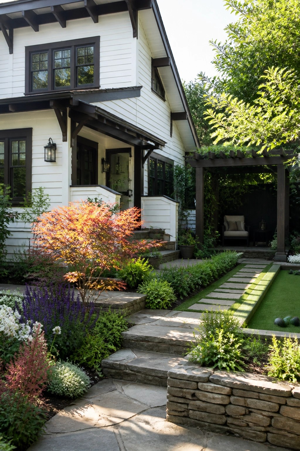 White house with dark trim, vibrant garden, stone steps, and pergola.