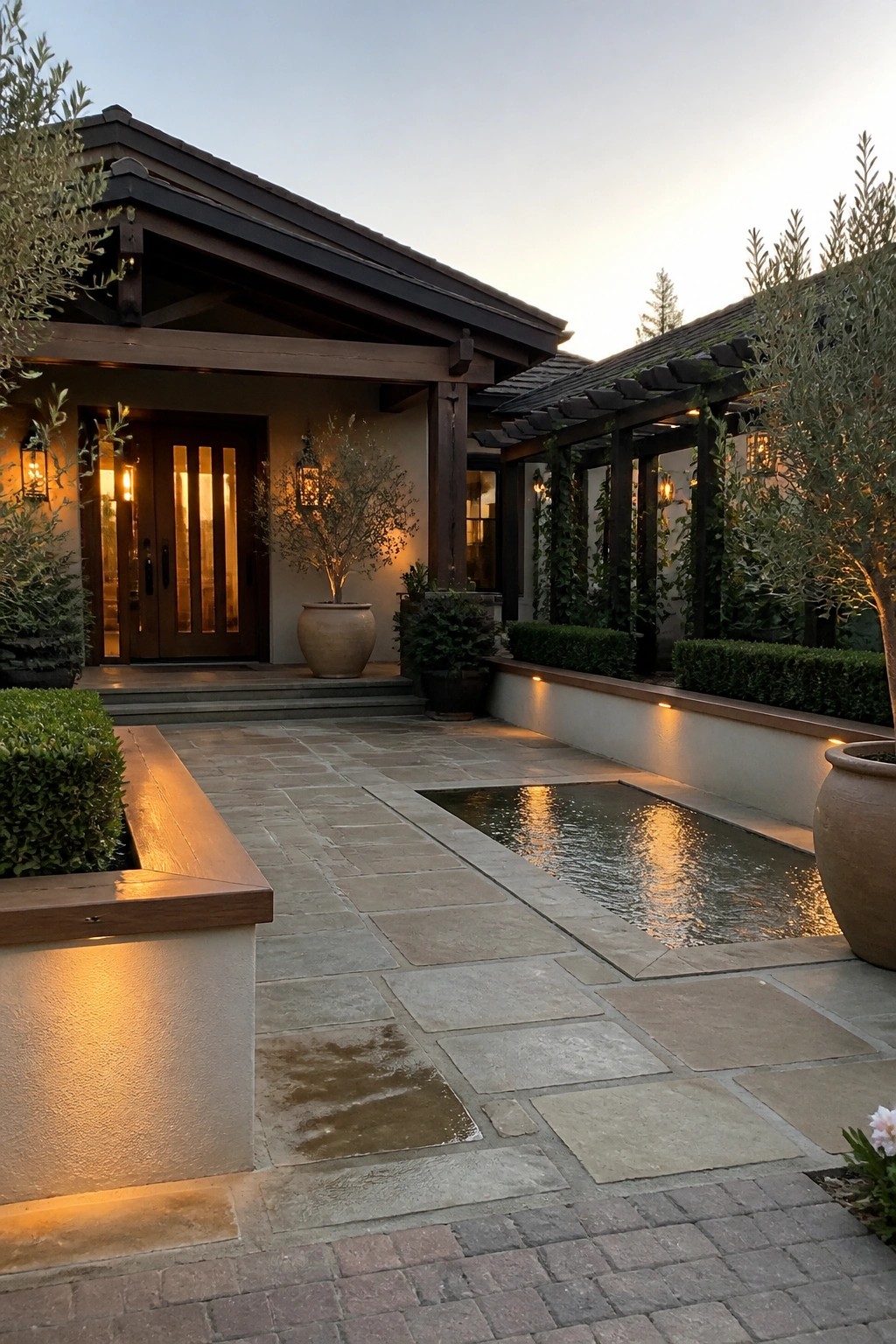 A Craftsman house exterior at dusk showing a stone-paved courtyard with a rectangular reflecting pond, wooden pergola on the right, and large ceramic pots with shrubs near the front door.