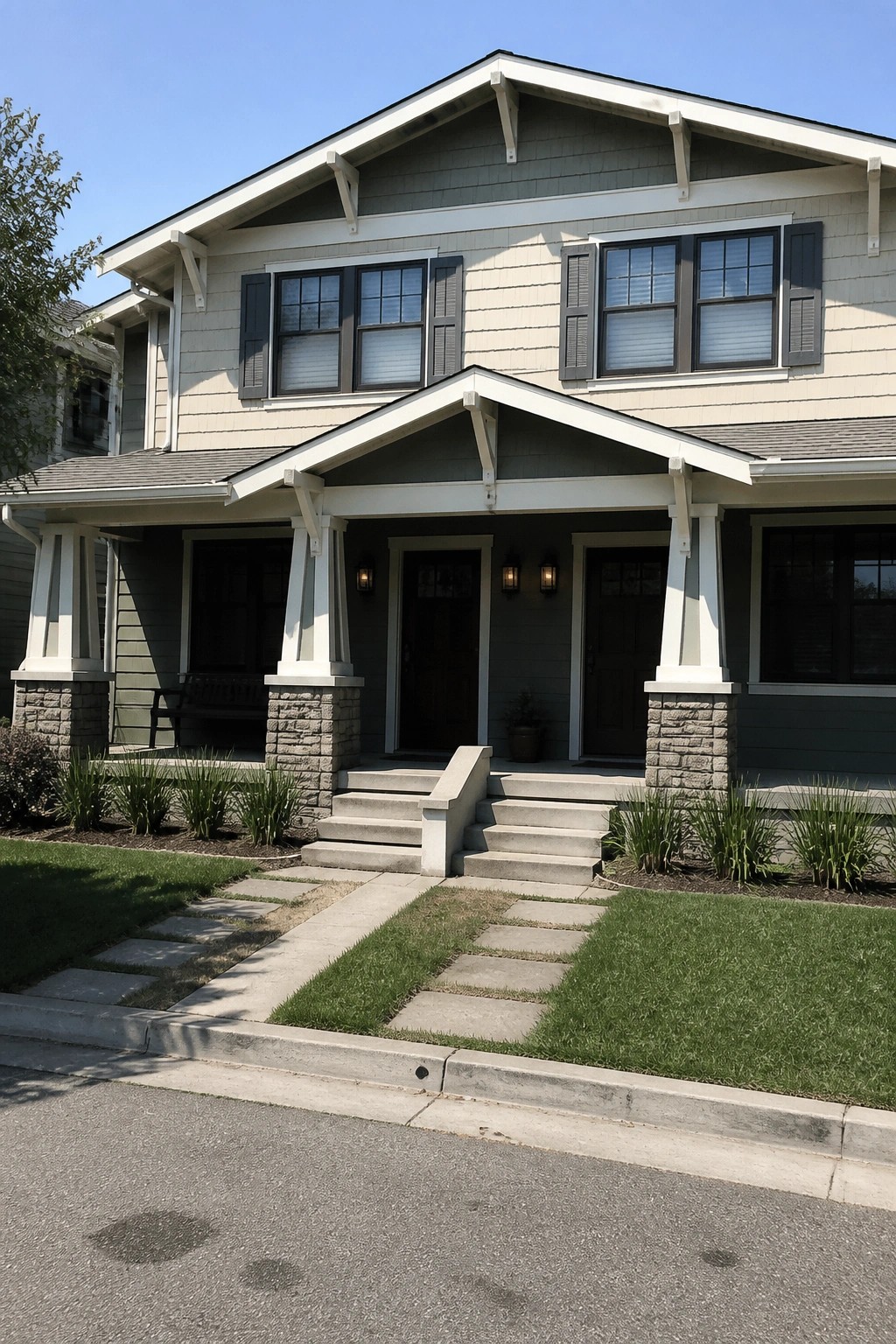 Front view of a two-story Craftsman house with a gabled porch, white columns on stone bases, concrete steps, and a stone pathway across the front lawn.