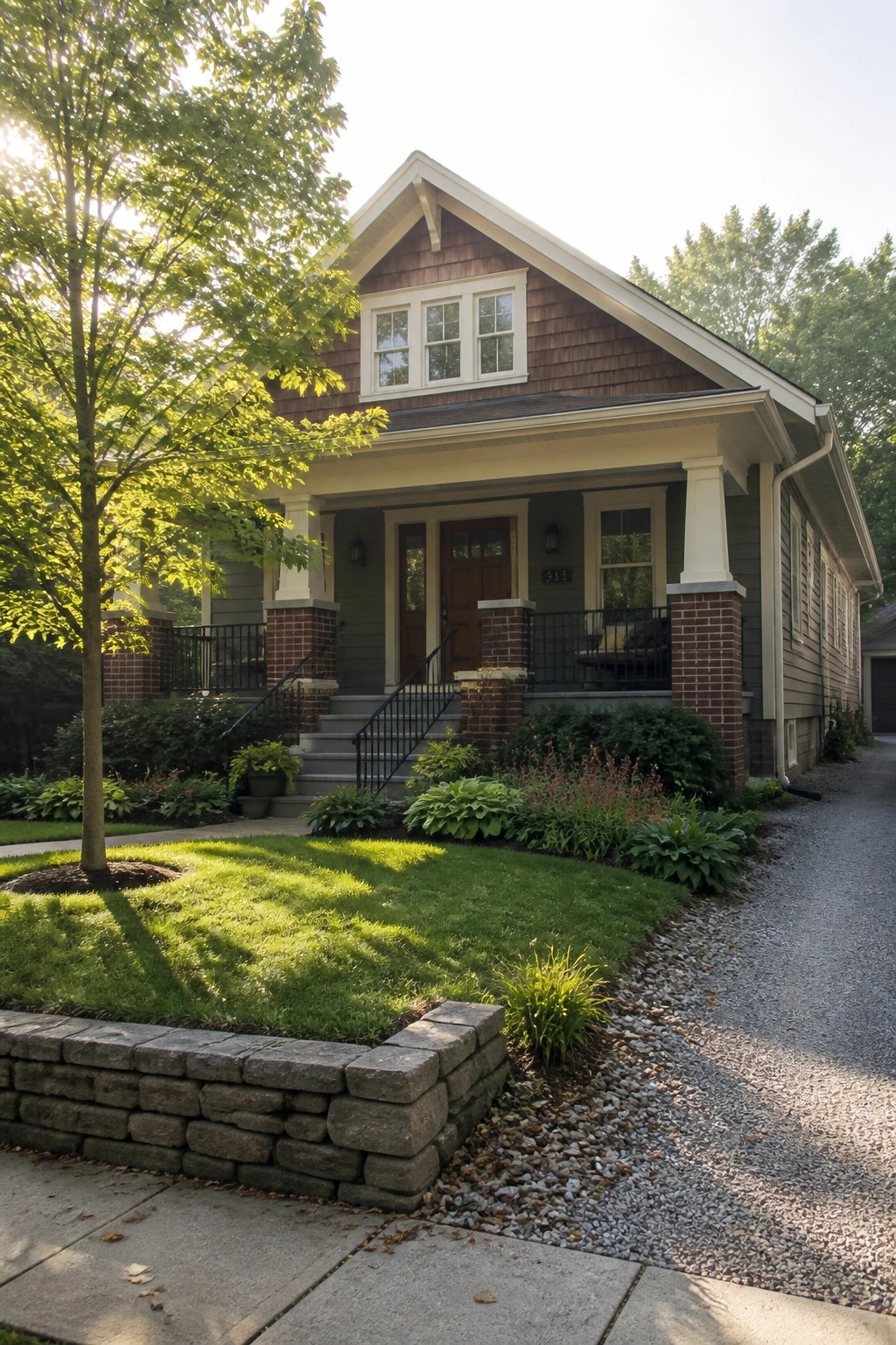 A Craftsman-style house with a gabled roof, brown shingle siding, a covered front porch supported by brick piers and white columns, gray steps with black railings, and a landscaped front yard with grass and gravel driveway.