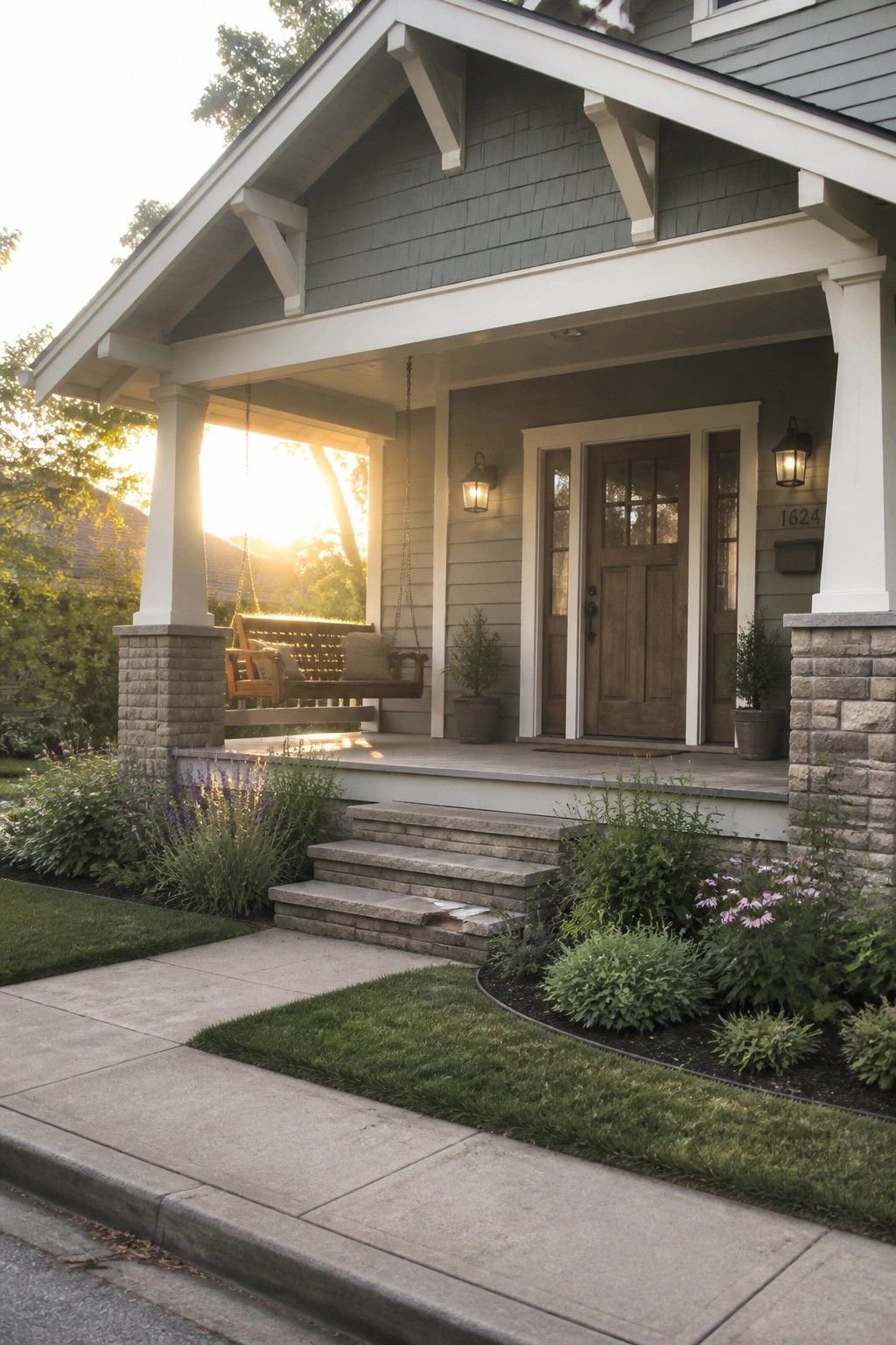 A Craftsman house with a covered front porch, wooden swing, stone column bases, and steps leading to the front door.