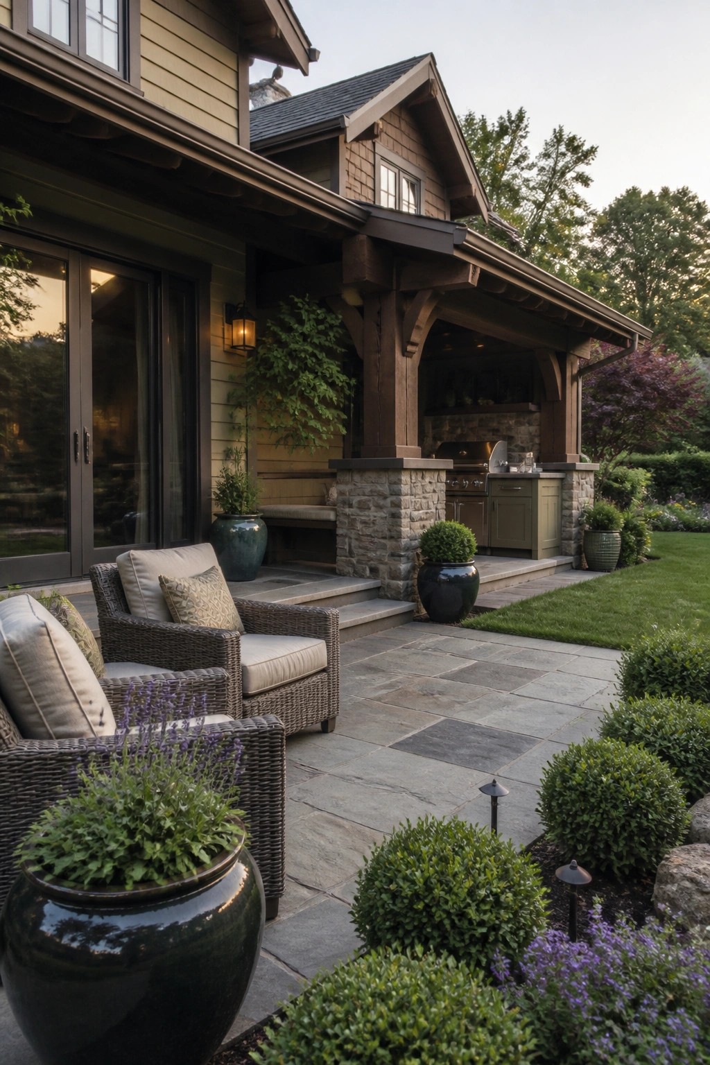 A Craftsman house exterior showing a covered patio with an outdoor kitchen, stone pillars, wicker chairs, and surrounding garden beds.
