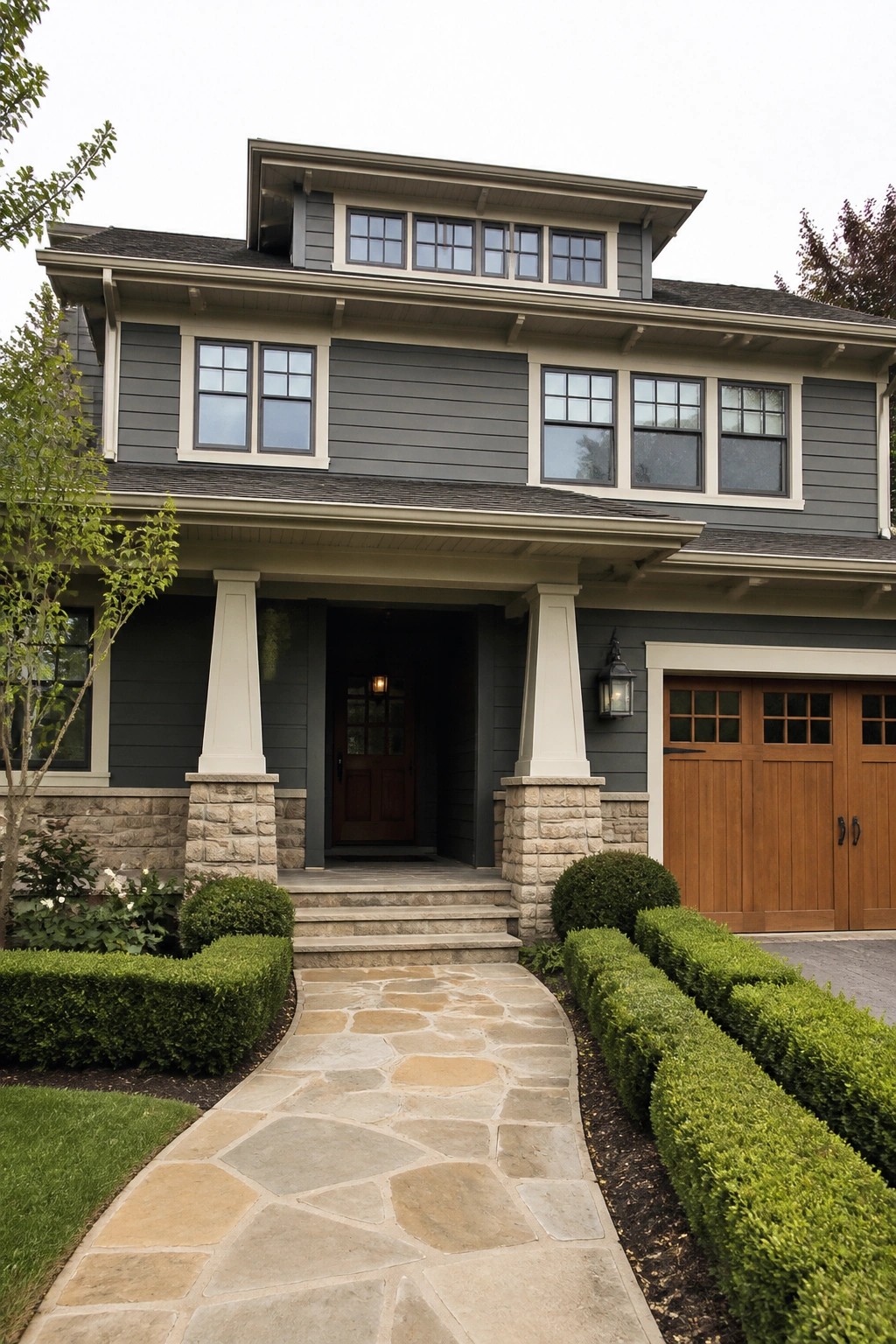 Two-story gray house with stone columns, wooden door and garage, curving stone path