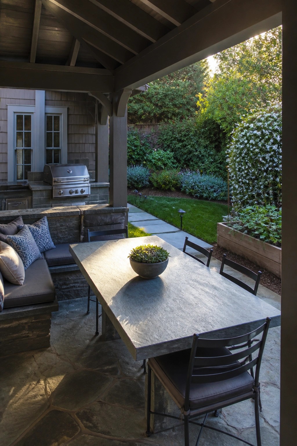 A covered patio with a large rectangular stone dining table, built-in cushioned bench on one side, metal chairs on the other sides, and a stainless steel grill nearby.