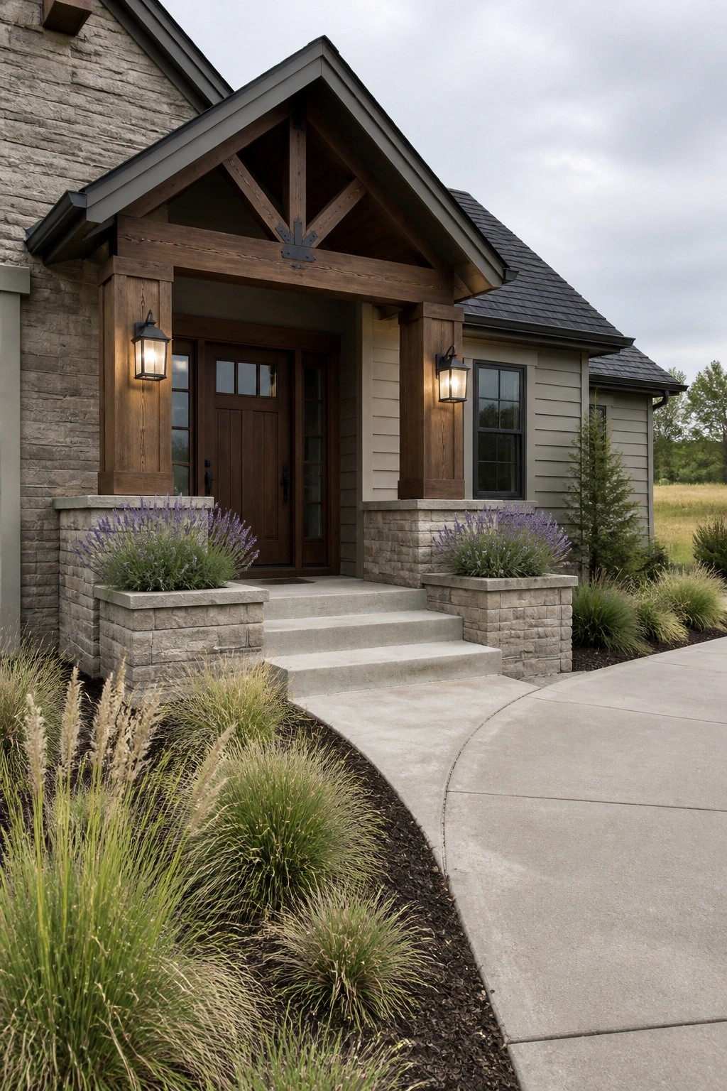 Front entrance of a Craftsman-style house featuring a gabled wooden porch with exposed beams, stone pillar bases, concrete steps, and flanking wall lanterns.