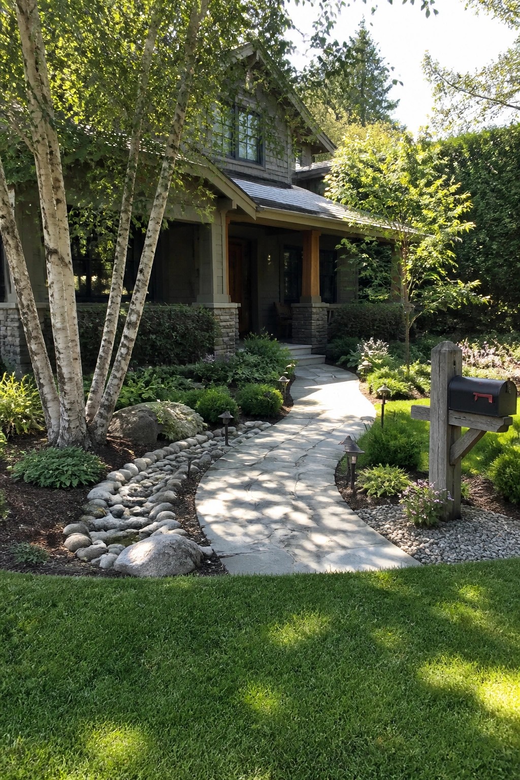 Curved stone path winds through garden to gray house porch with mailbox nearby