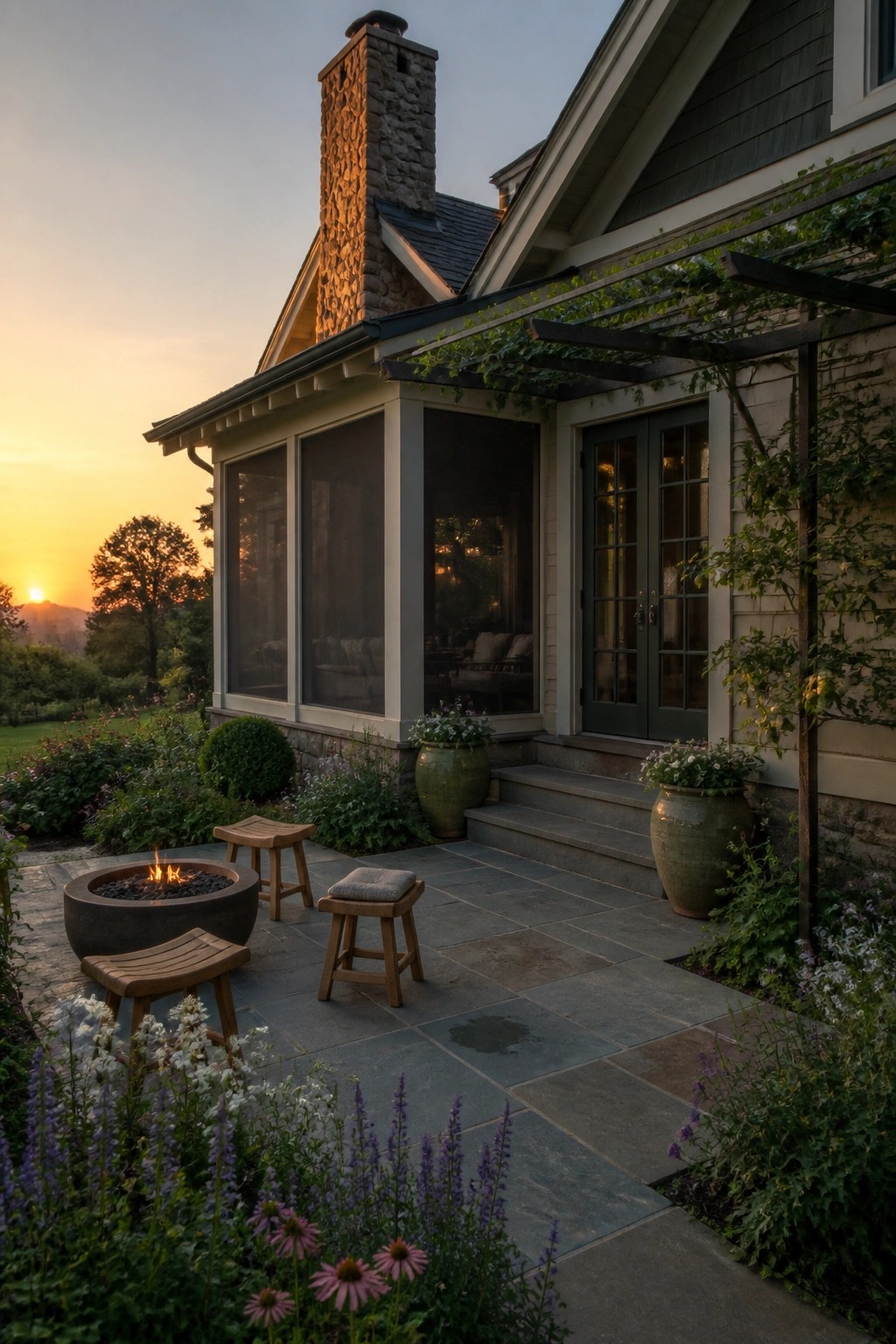 Rustic house patio with fire pit, wooden stools, potted plants, and garden at sunset.