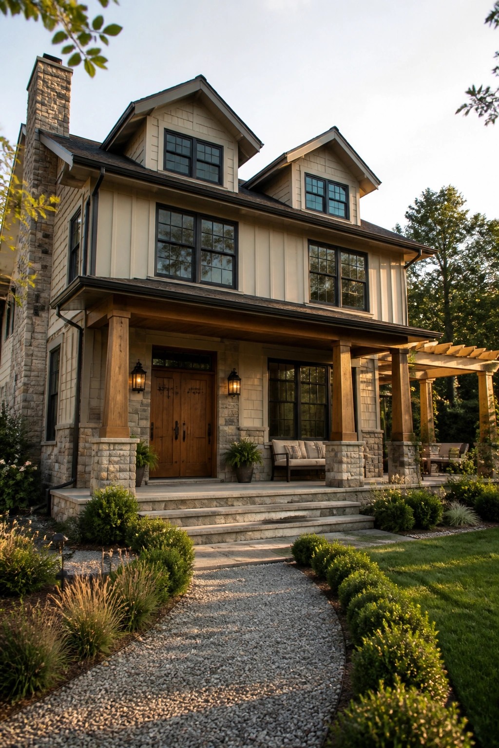 A two-story Craftsman house with beige siding, stone accents, a wide covered porch with wooden columns on stone piers, double front doors, and a gravel path leading to the steps.