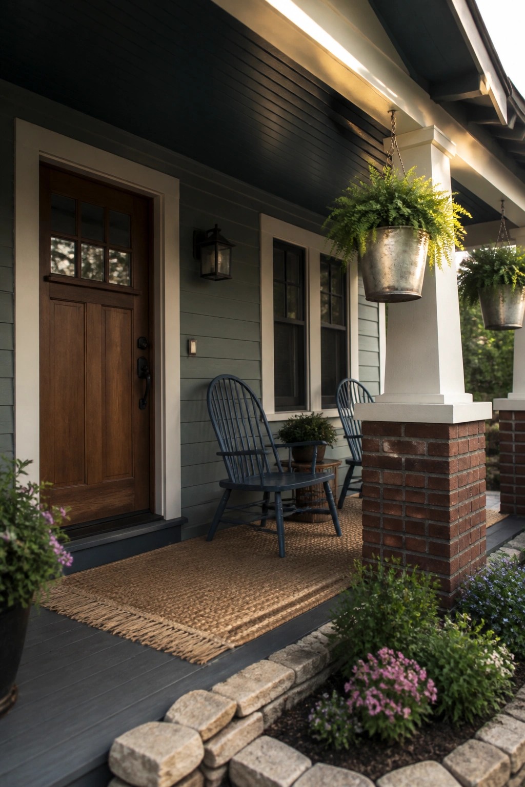 A Craftsman house exterior showing a dark wood front door, gray siding, and a covered porch with two blue wooden chairs on a woven rug, hanging ferns in metal pots, and brick support pillars.