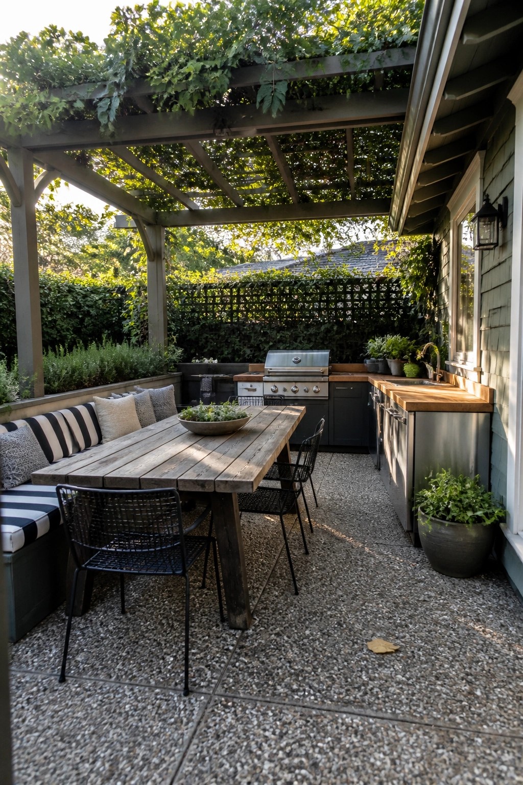 Outdoor wooden dining table with black chairs beside stainless steel outdoor kitchen under vine pergola.