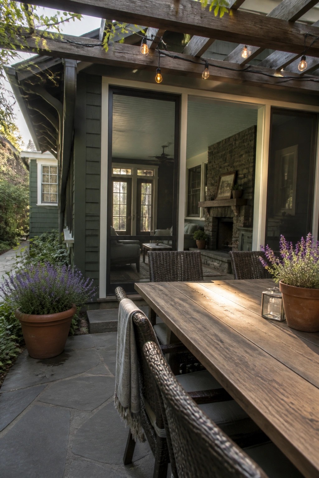 A wooden dining table with woven chairs sits on a stone patio under a pergola strung with lights, next to potted plants and open glass doors showing the house interior.