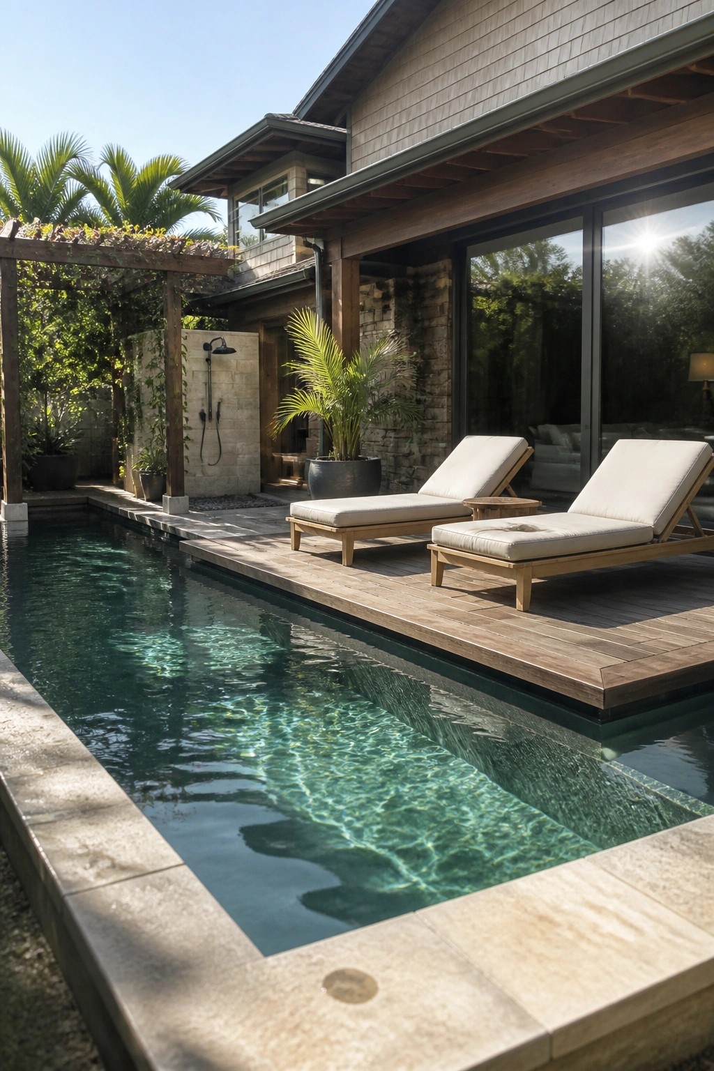 A rectangular pool with clear water runs alongside a wooden deck holding two cushioned lounge chairs, next to a house with large glass windows and stone walls.