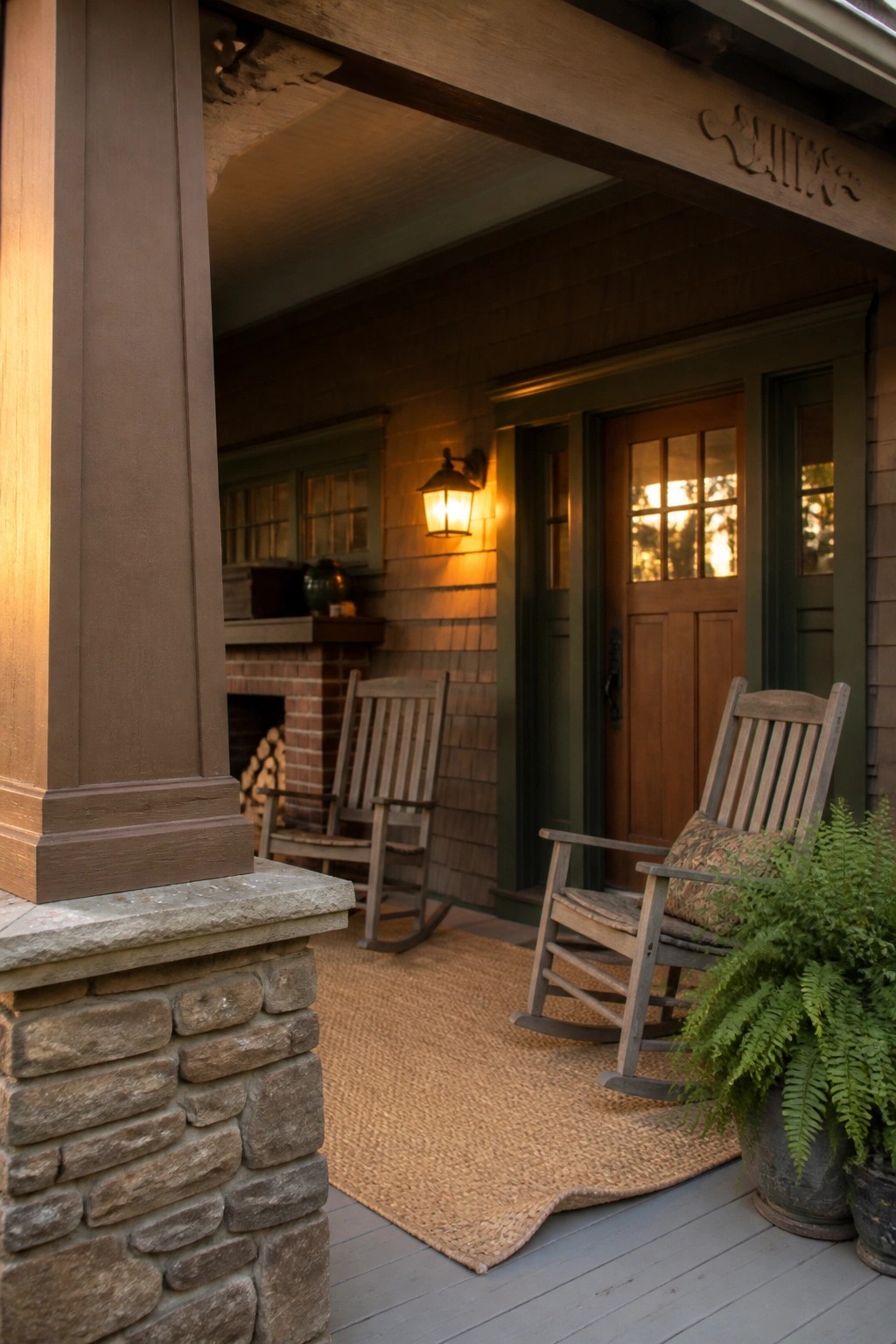 A covered front porch with two wooden rocking chairs on a large woven rug, potted ferns nearby, and a wooden door with green trim in the background.