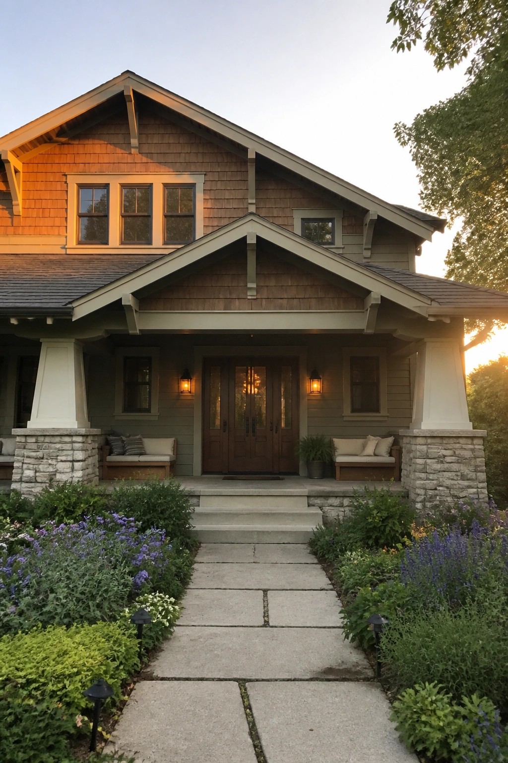 Stone walkway to wooden doors of shingled craftsman house with flower-lined porch.