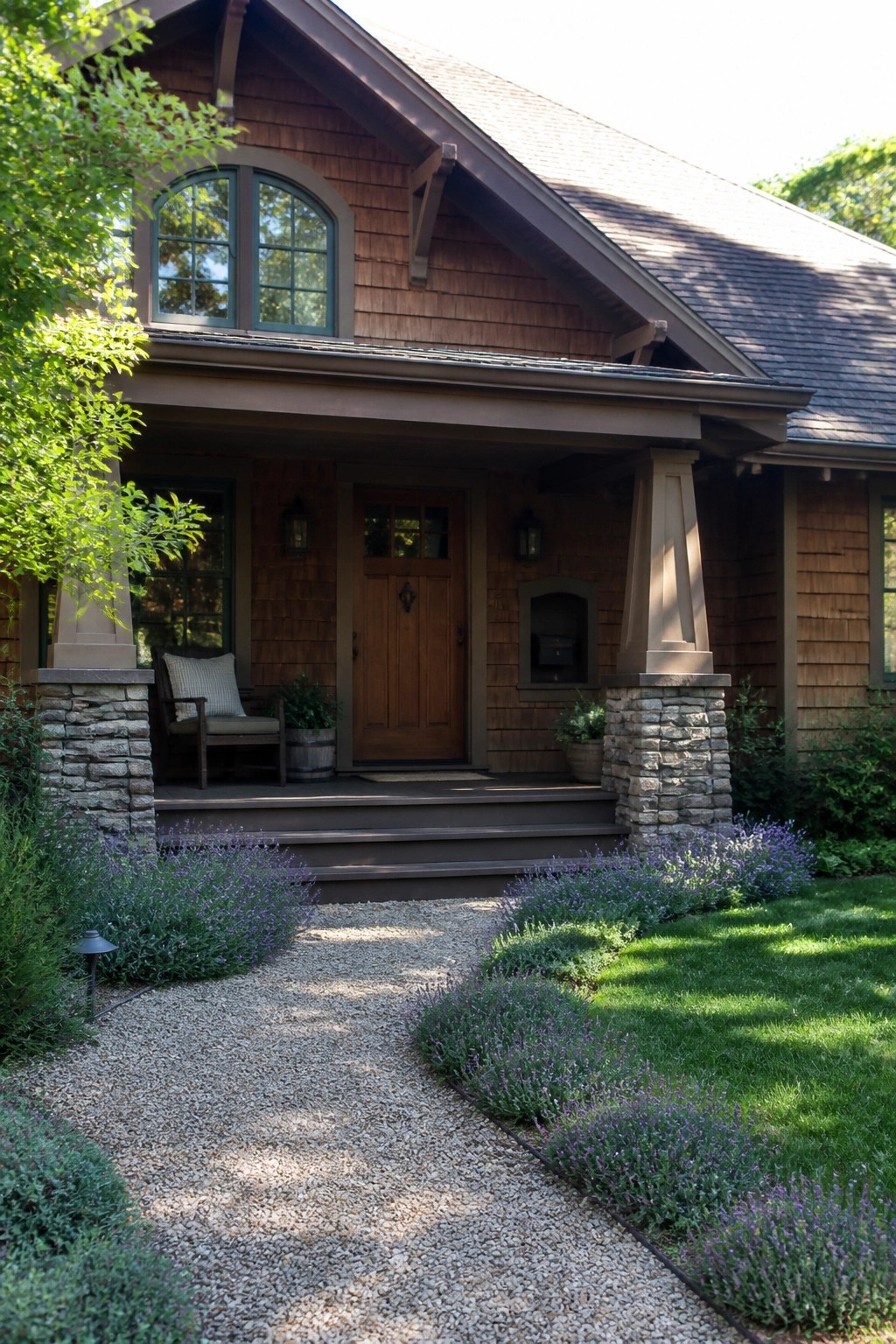 Front view of a Craftsman house showing a covered wooden porch with stone pillar bases, centered front door, and a gravel path lined with lavender leading to the steps.