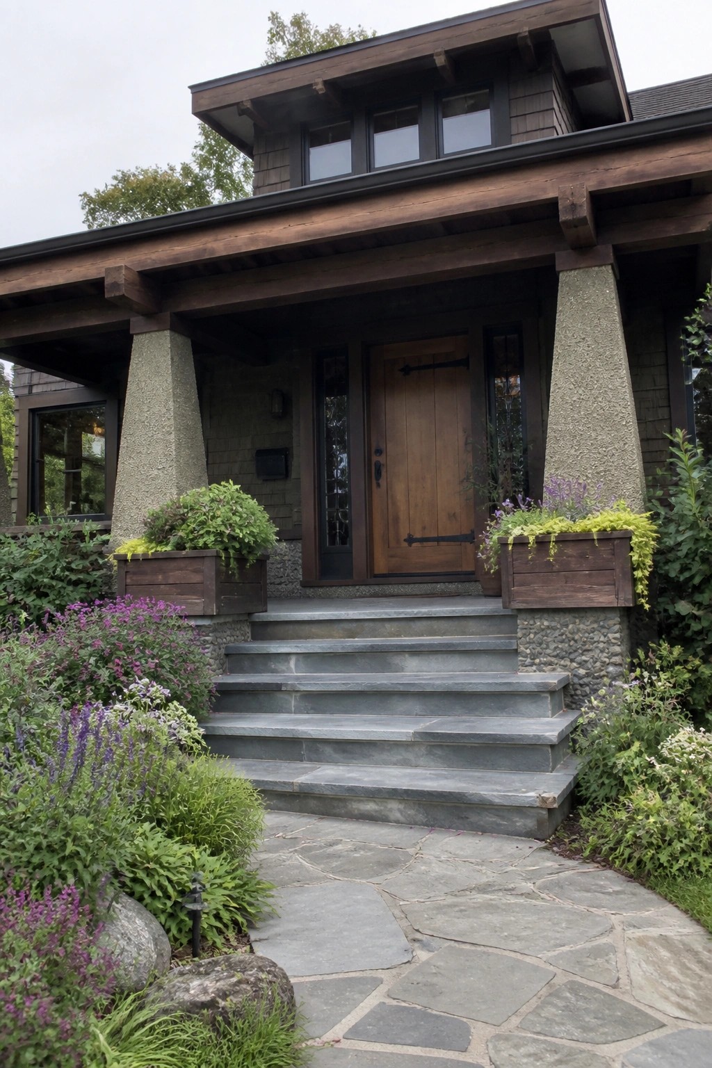 Stone steps lead to wooden door on craftsman house porch with flower planters.