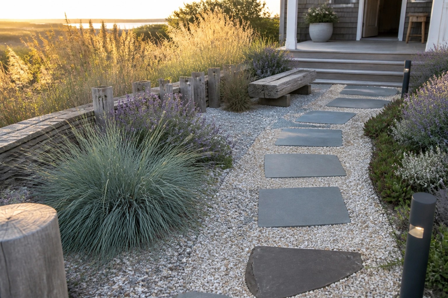 A gravel garden path with irregular gray stepping stones winds past a low stone wall, tall native grasses, and clumps of purple flowering plants.