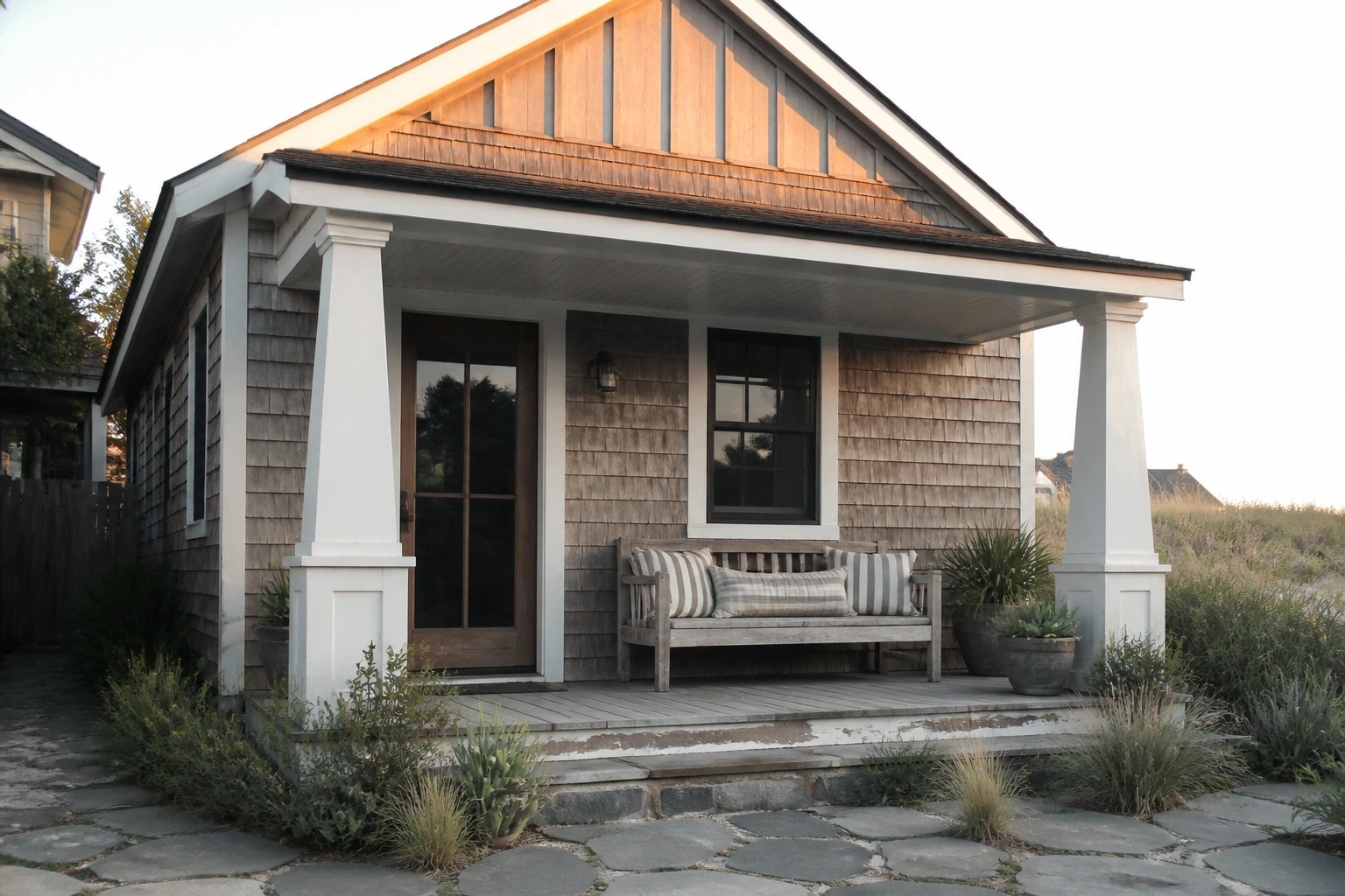 A small gray shingled beach cottage with a gabled roof, white columns, a wooden front porch bench with striped cushions, and stone steps leading to a paver path.