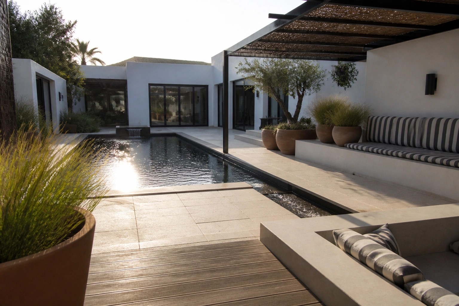 A modern courtyard with a long rectangular pool, white walls, potted olive tree and grasses, built-in concrete benches with striped cushions, and a dark wooden pergola overhead.