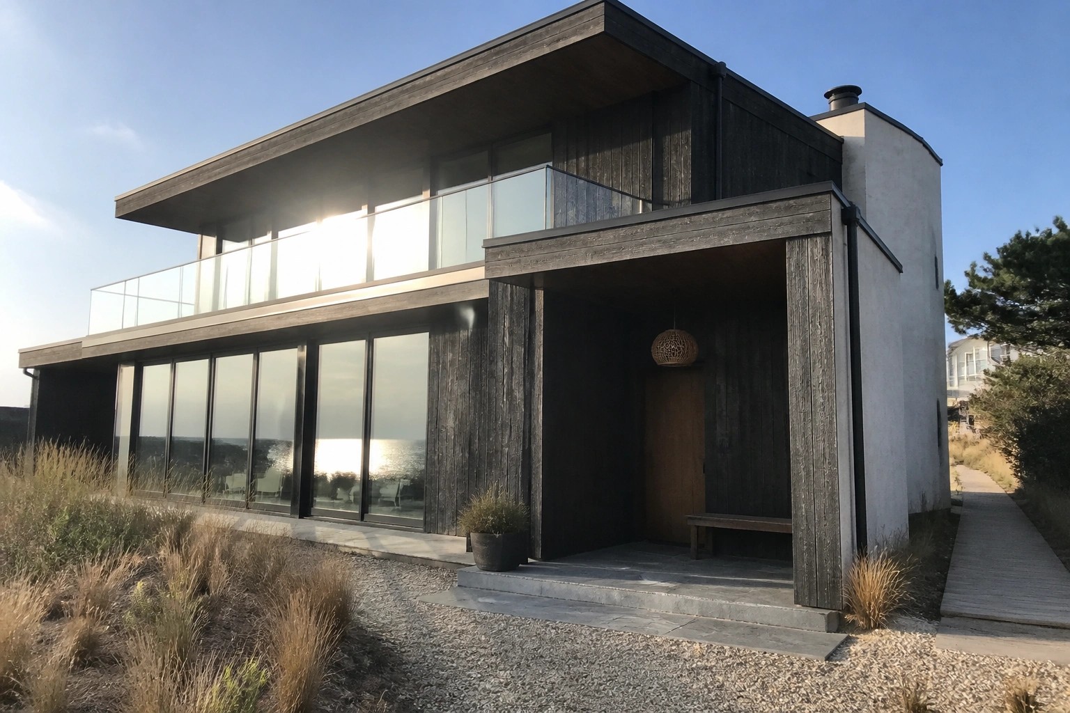 A modern two-story coastal house with dark vertical wood siding on the upper level, large floor-to-ceiling windows, a glass-railed balcony, and a gravel path leading to the entrance.