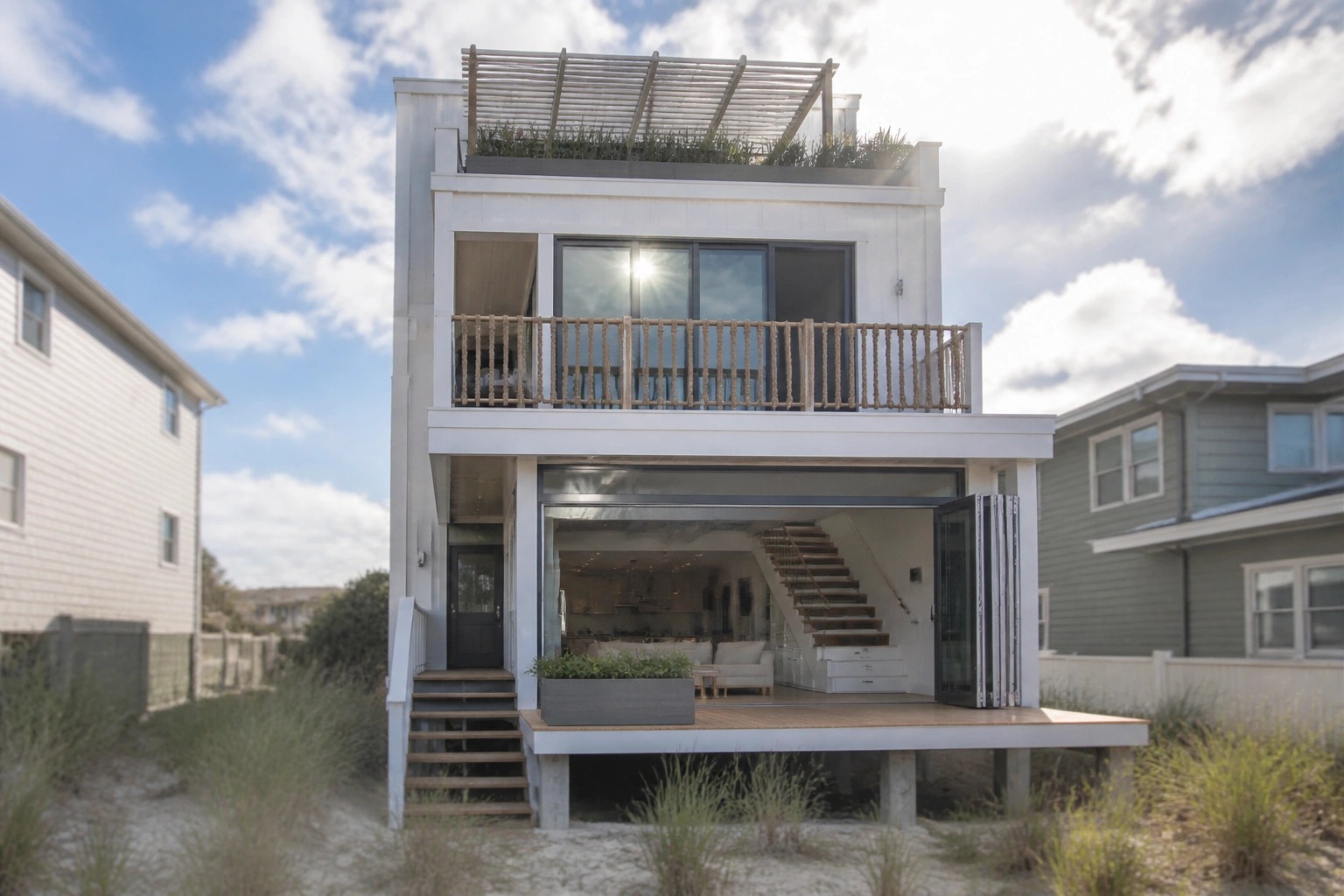 Modern white two-story beach house with open glass doors, balcony, and deck